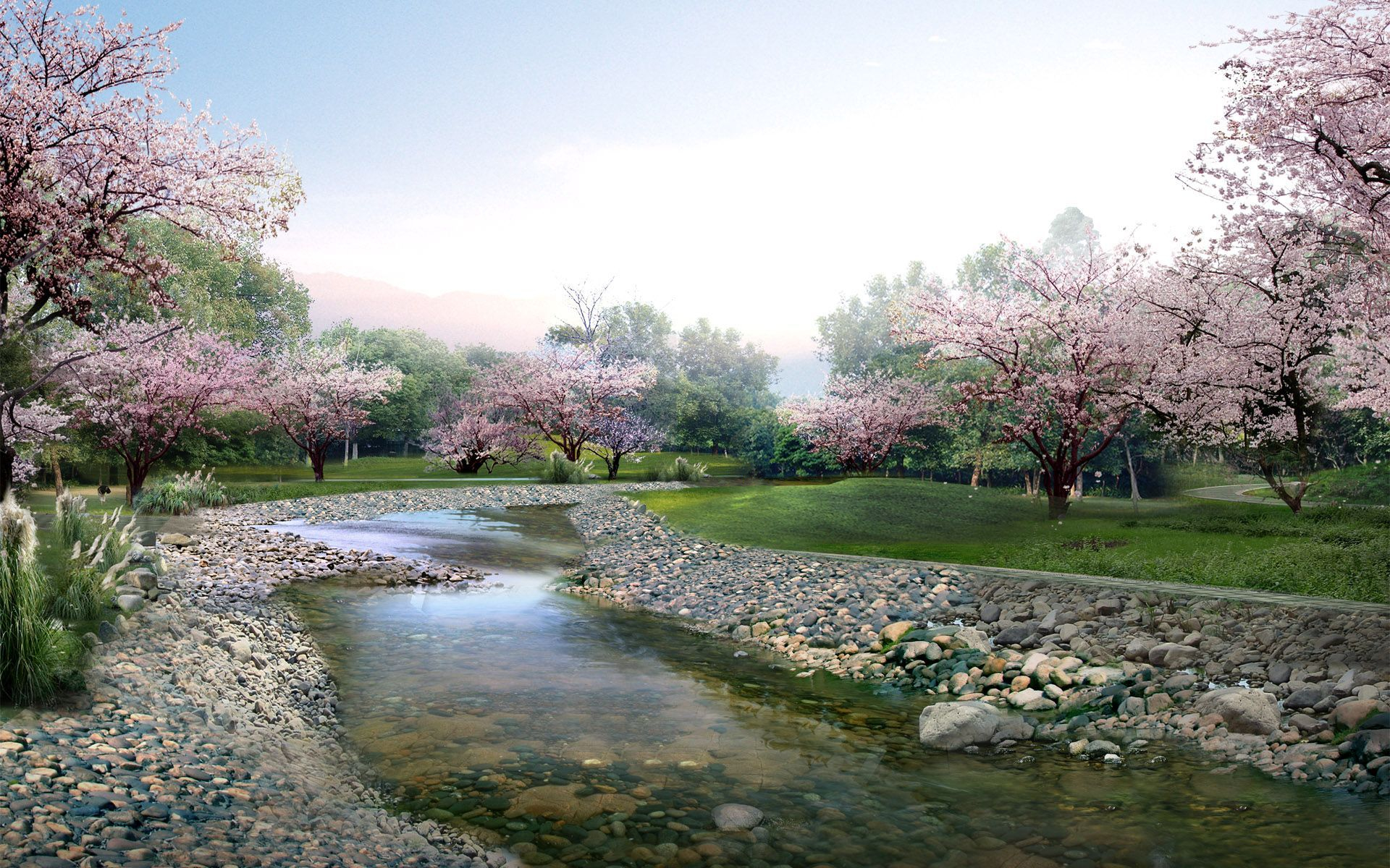 749230 скачать обои весна, сакура, парк, цветущие, природа, земля/природа, ручей, дерево, река, камень - заставки и картинки бесплатно