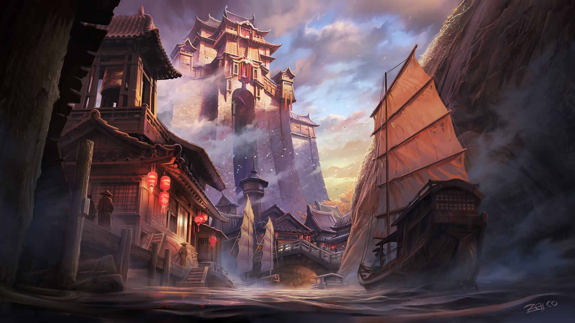 Download mobile wallpaper Fantasy, Ship, Oriental, Castle for free.