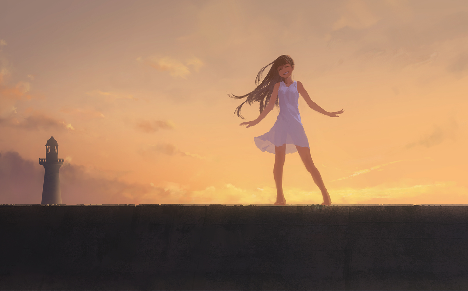 Download mobile wallpaper Anime, Sunset, Sky, Lighthouse, Cloud, Original for free.