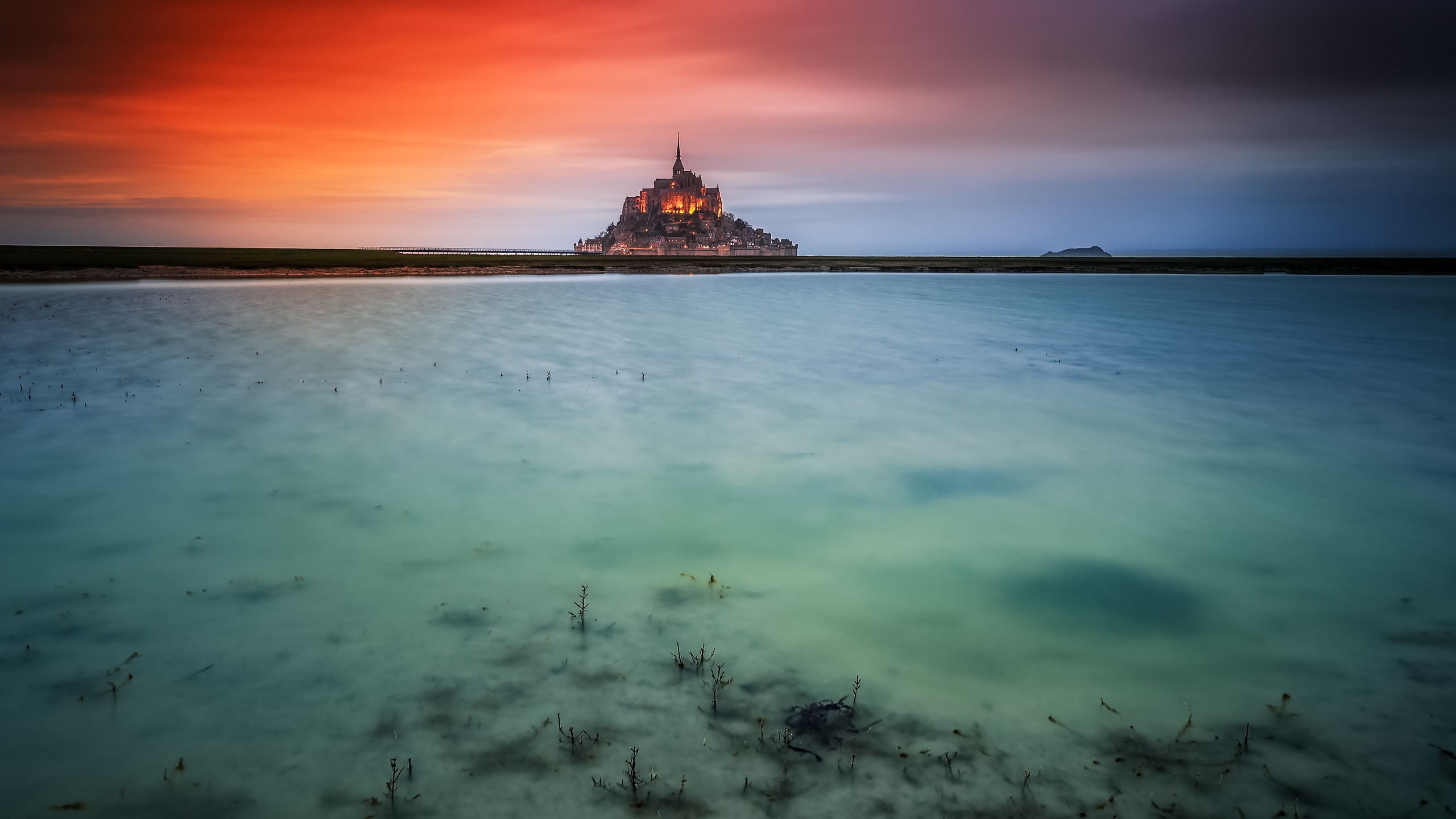 Free download wallpaper Sunset, Ocean, France, Mont Saint Michel, Monastery, Religious on your PC desktop