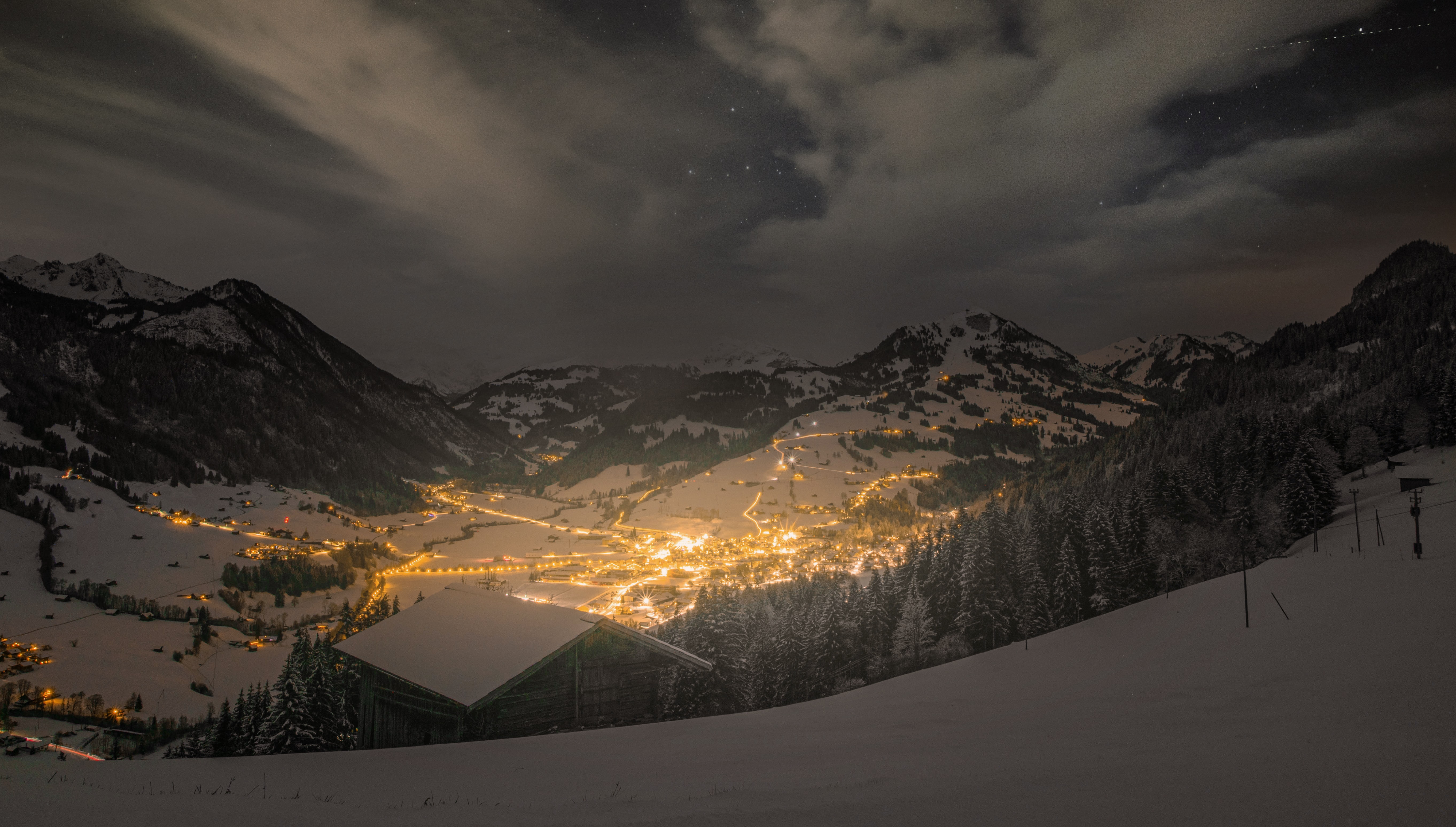 valley, mountains, snow, nature, night, lights, village