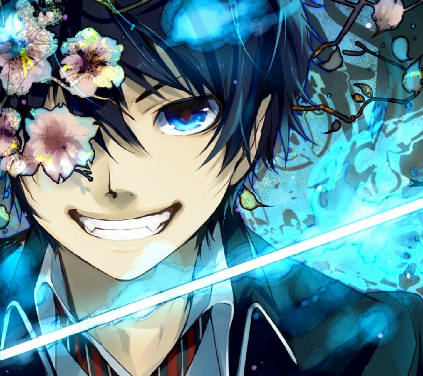 anime, blue exorcist, rin okumura, flower, kurikara (blue exorcist), blue eyes, ao no exorcist