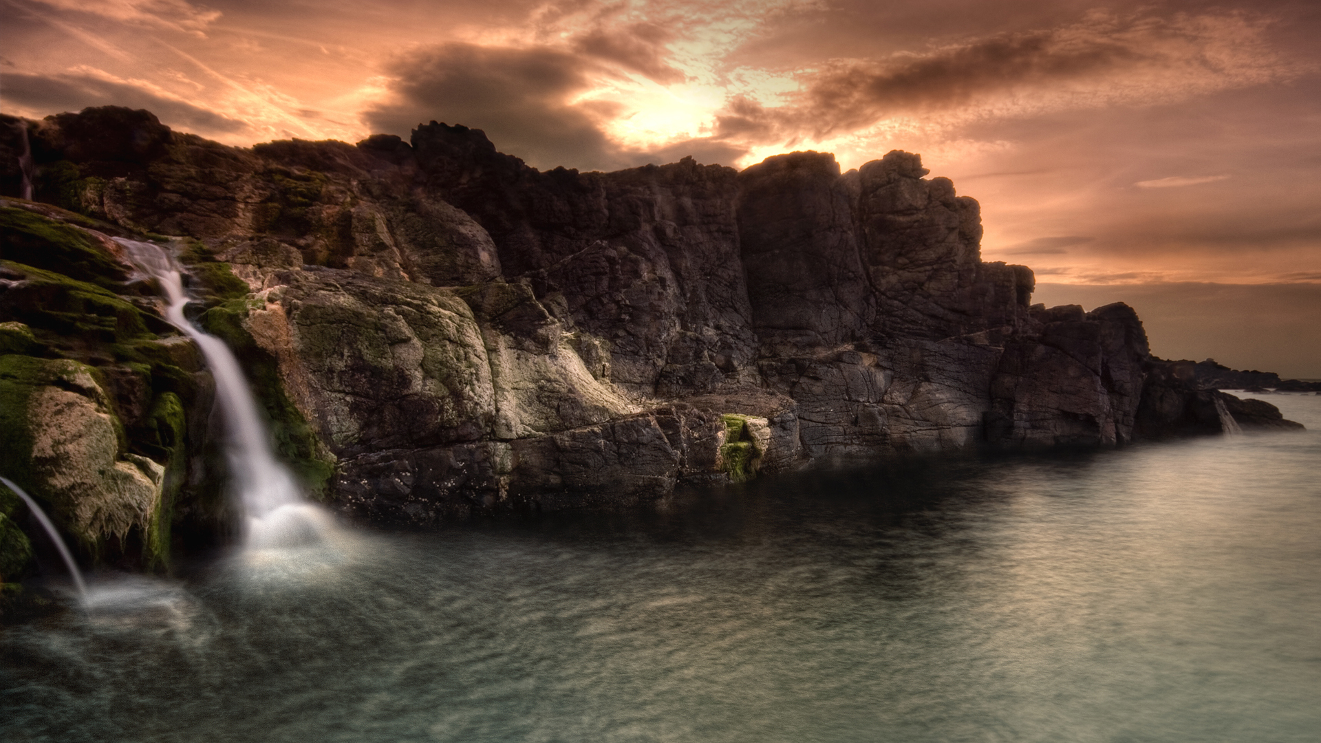 Free download wallpaper Landscape, Sunset, Mountains, Waterfalls on your PC desktop
