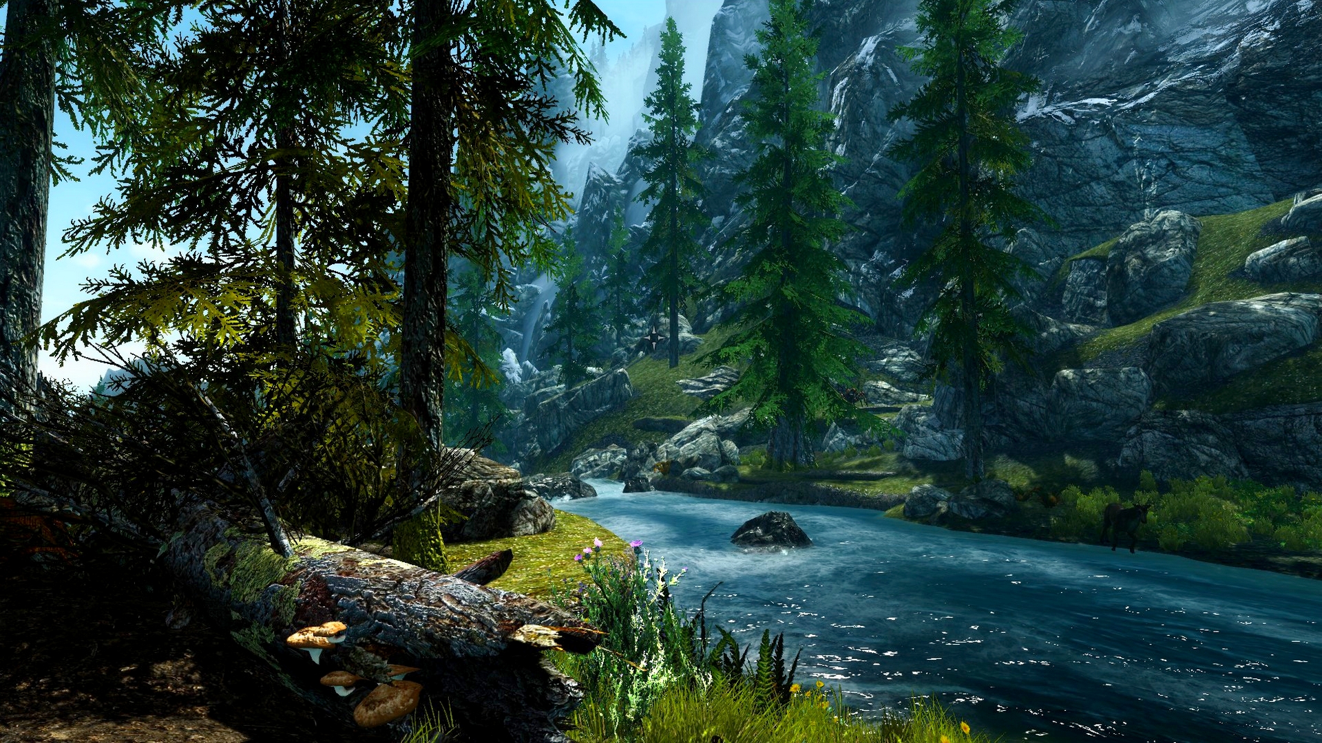 Free download wallpaper Mountain, Forest, Tree, Earth, River, Video Game, The Elder Scrolls V: Skyrim, The Elder Scrolls on your PC desktop