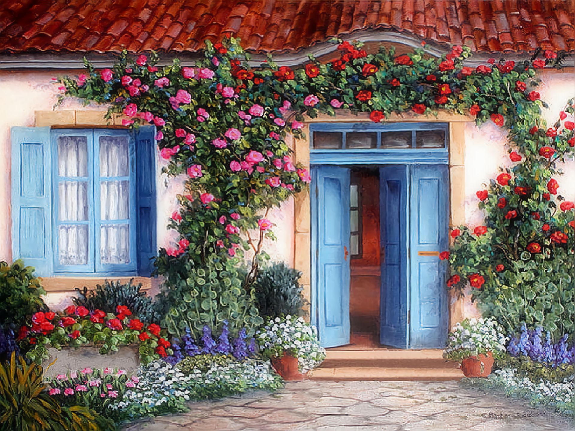 838480 скачать картинку весна, дверь, дом, коттедж, художественные, окно, цветок, картина, растение - обои и заставки бесплатно
