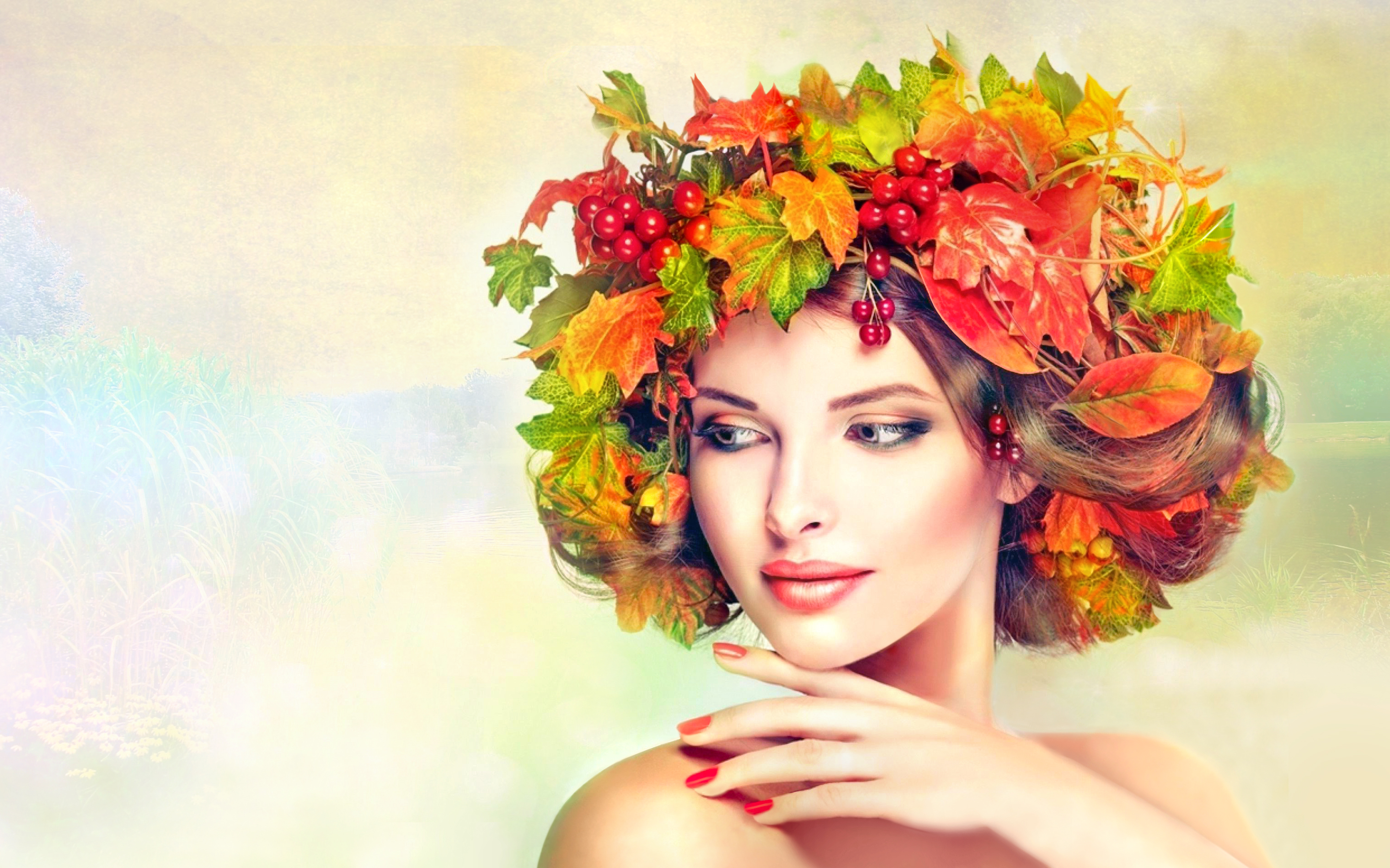 Download mobile wallpaper Beautiful, Leaf, Fall, Colorful, Face, Model, Women for free.