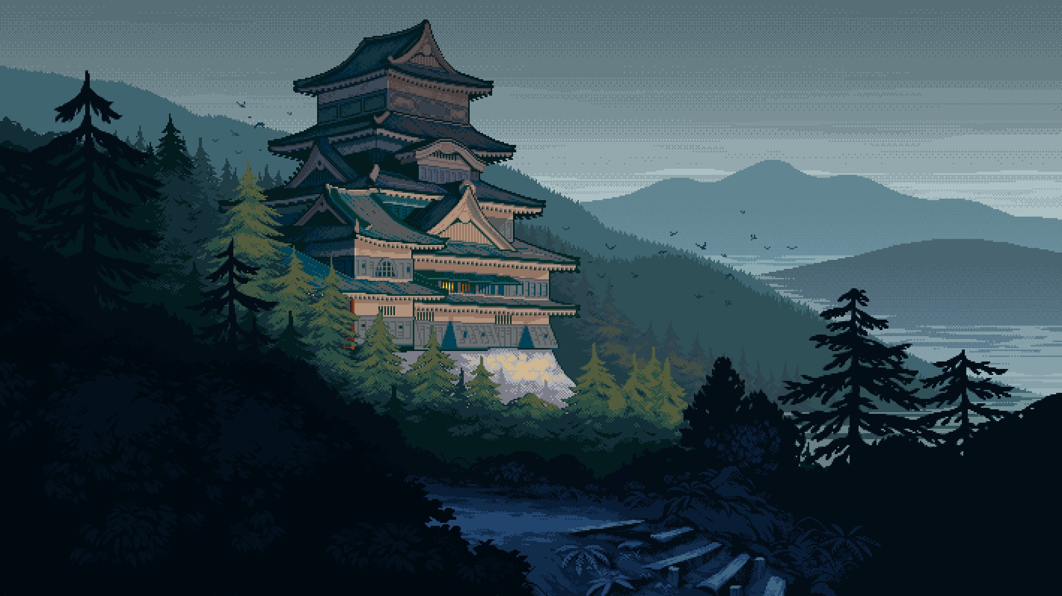 983004 скачать обои пиксель арт, япония, художественные, замок, гора - заставки и картинки бесплатно