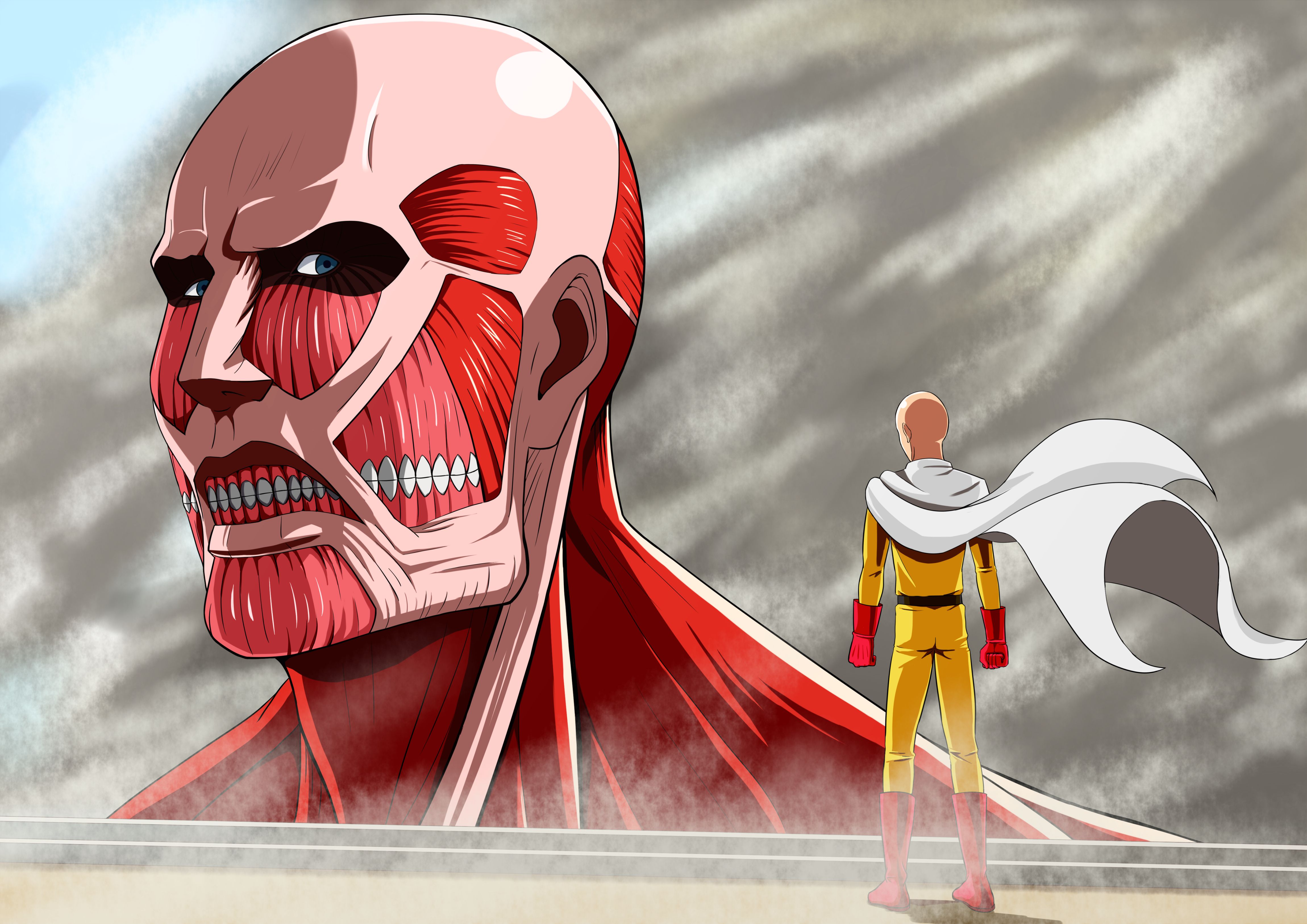 anime, crossover, attack on titan, colossal titan, one punch man, saitama (one punch man)