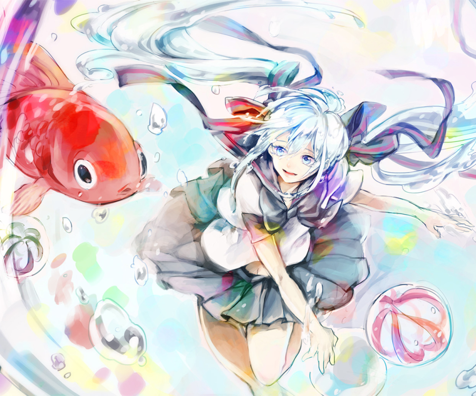 Download mobile wallpaper Anime, Water, Fish, Vocaloid, Bubble, Ribbon, Skirt, Blue Eyes, Blue Hair, School Uniform, Hatsune Miku, Long Hair, Twintails, Bow (Clothing) for free.