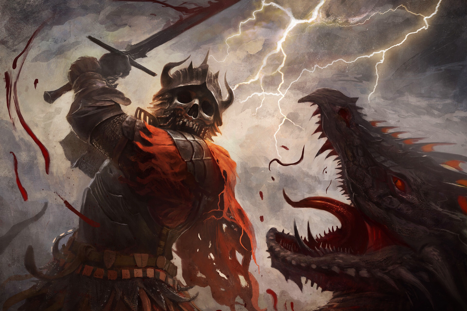 Download mobile wallpaper Dark, Dragon, Warrior, Monster, Skeleton, Armor, Sword, Undead for free.