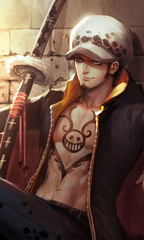 Download mobile wallpaper Anime, Weapon, Tattoo, Hat, Jacket, Sword, Blue Eyes, Katana, One Piece, Trafalgar Law, Couch for free.