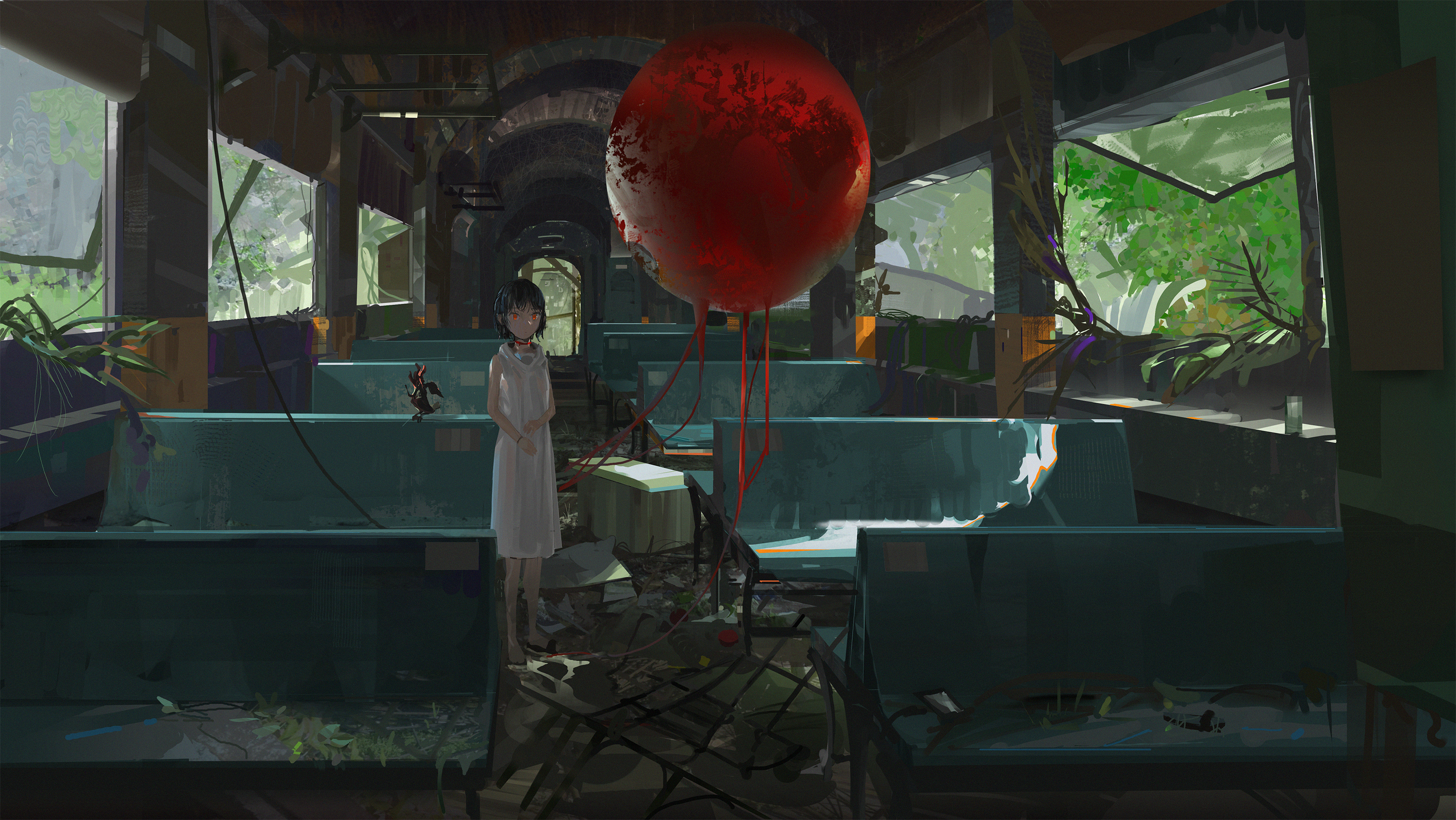 Download mobile wallpaper Anime, Balloon, Train, Abandoned, Original for free.