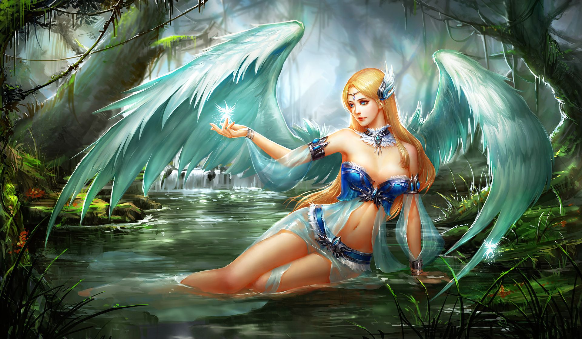 Free download wallpaper Fantasy, Wings, Pond, Angel, Blonde, Blue Eyes, Long Hair on your PC desktop