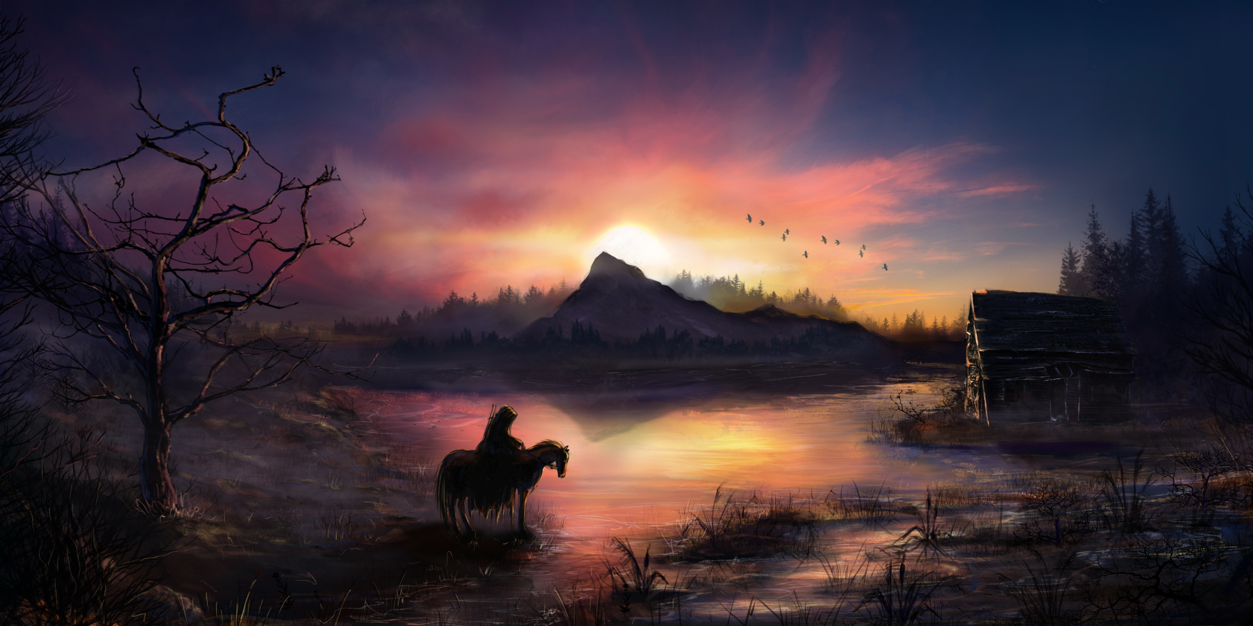 Free download wallpaper Landscape, Fantasy, Swamp, Sunrise, Warrior, Horse on your PC desktop