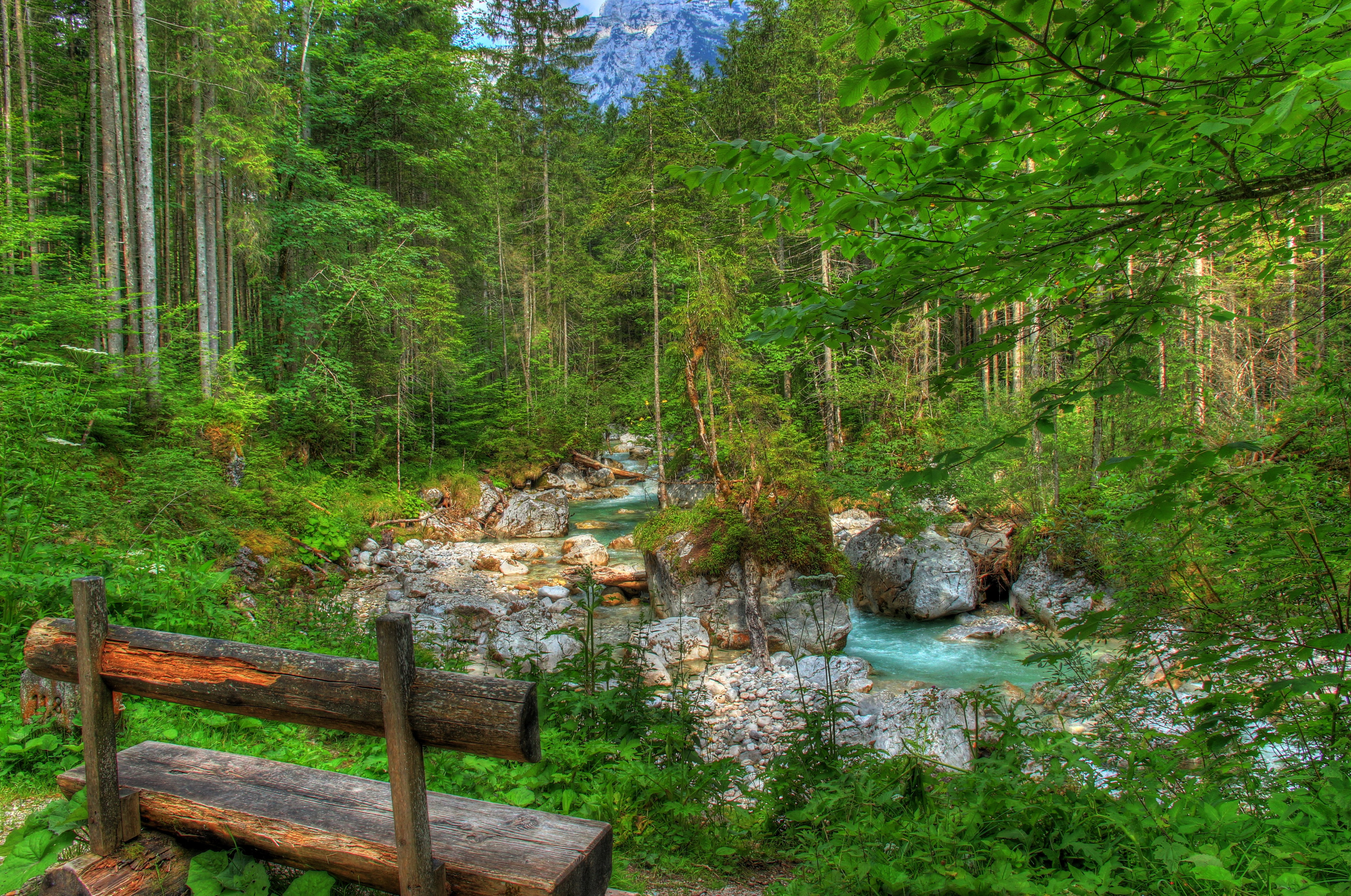Download mobile wallpaper Forest, Tree, Stream, Hdr, Bench, Man Made for free.
