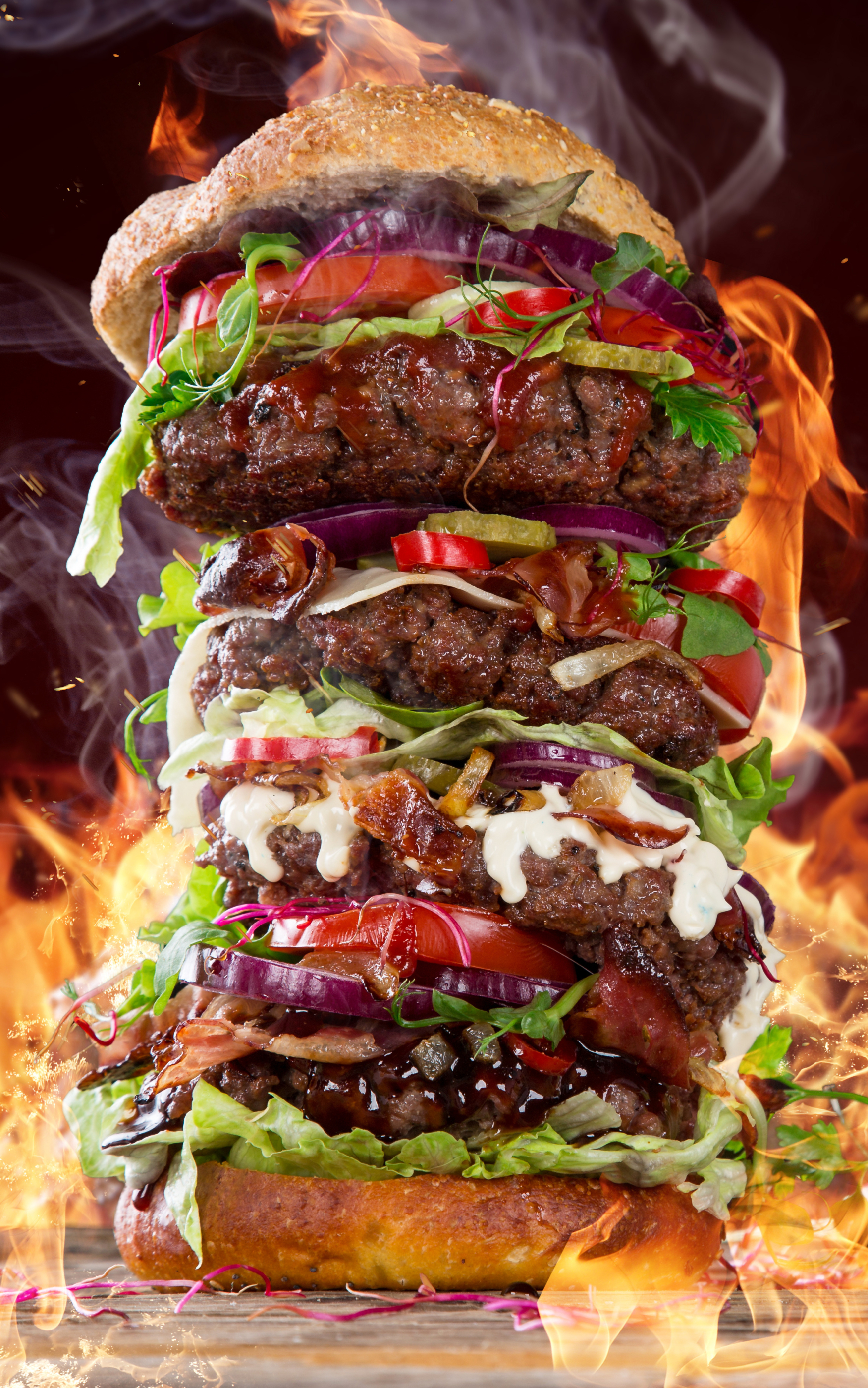 Download mobile wallpaper Food, Flame, Burger for free.