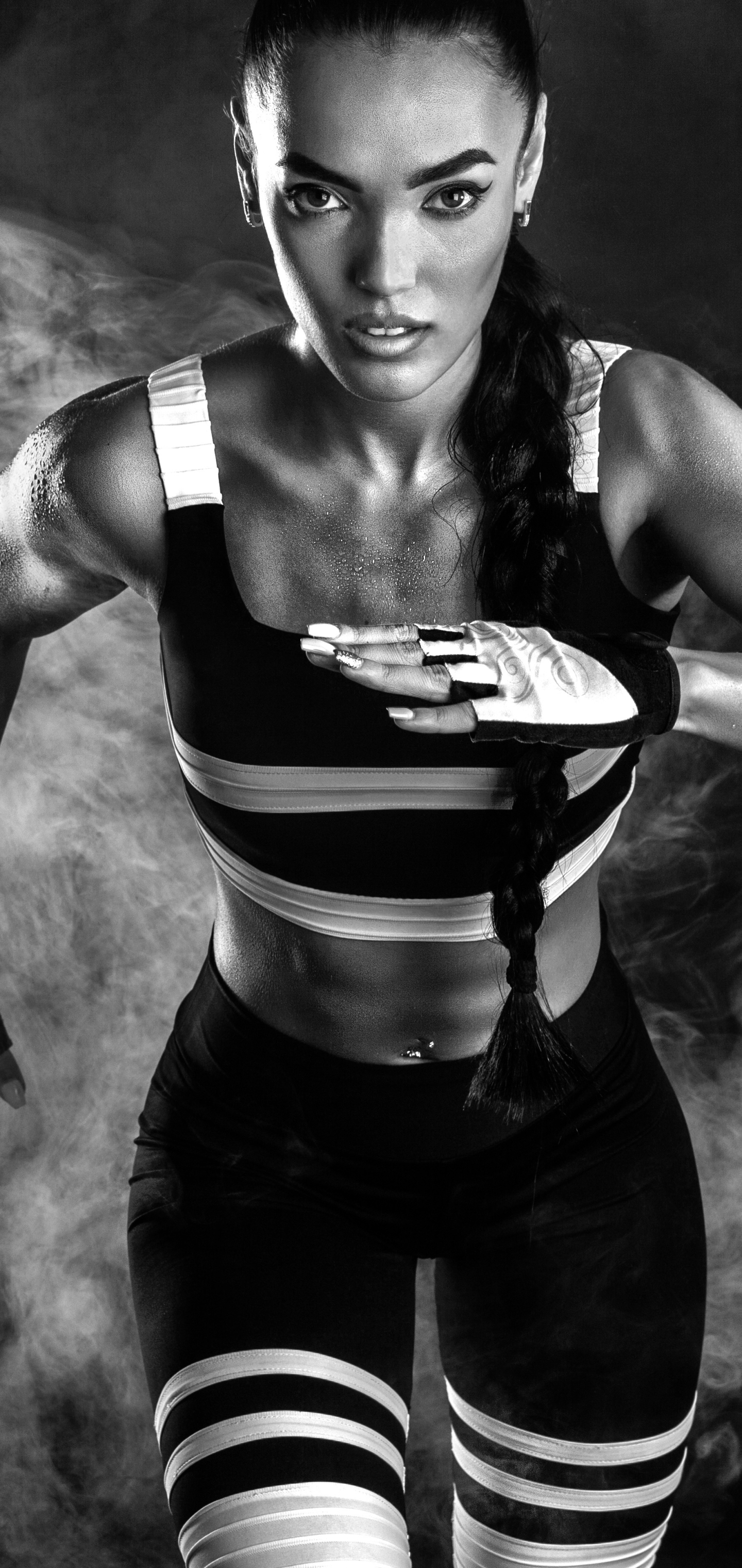 Download mobile wallpaper Sports, Fitness, Model, Braid, Black & White for free.