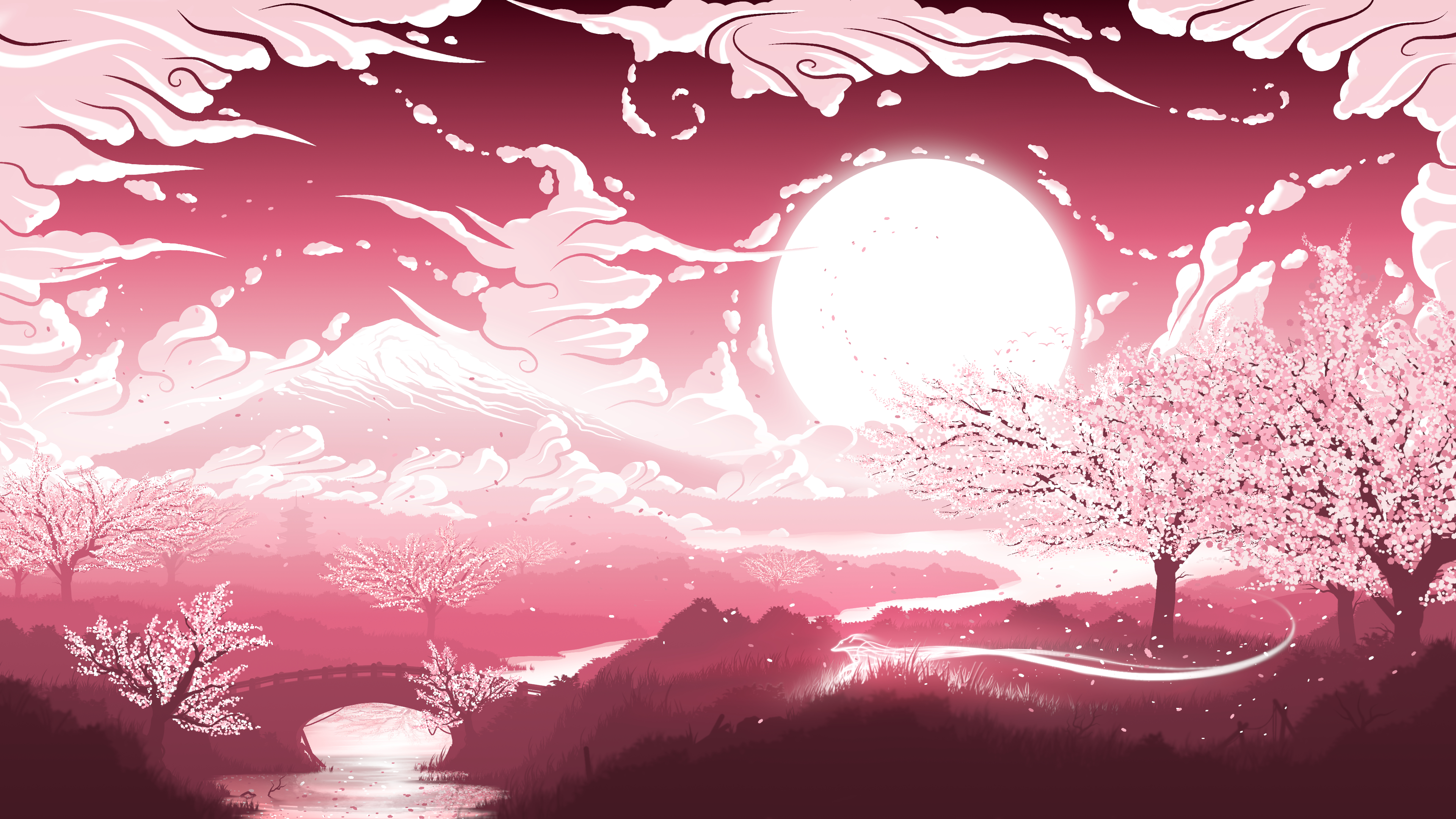 PCデスクトップに風景, ファンタジー, 太陽, 桜の花画像を無料でダウンロード