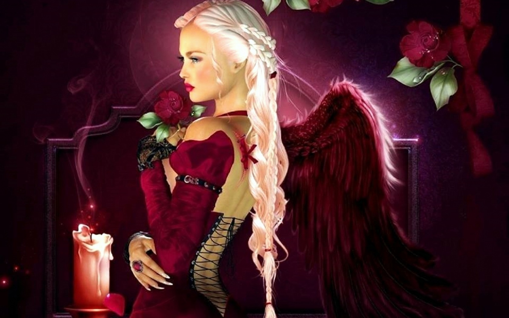 Free download wallpaper Fantasy, Wings, Angel, Blonde, Red Rose, White Hair on your PC desktop