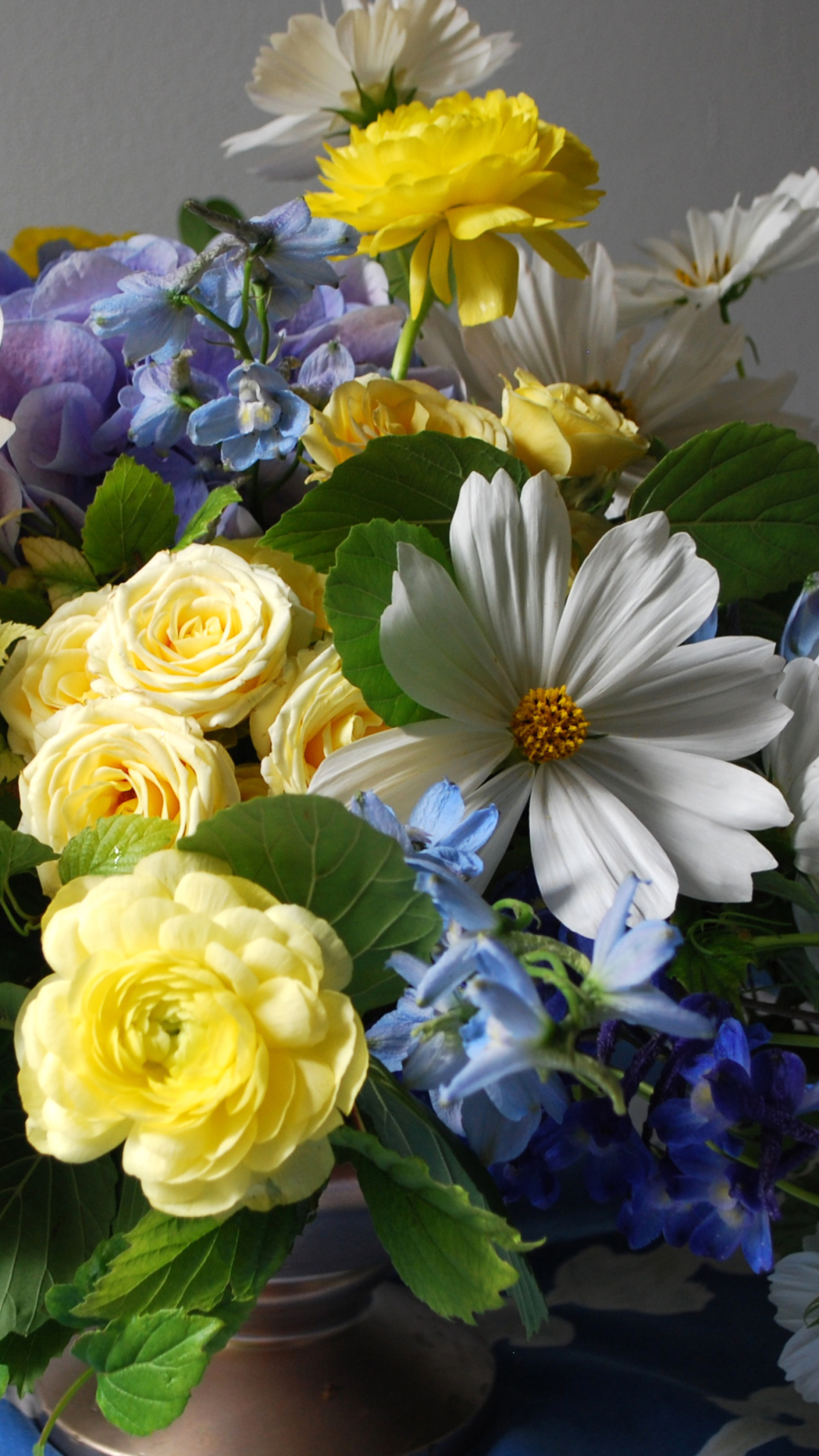 Handy-Wallpaper Blume, Strauß, Erde, Bunt, Kosmos, Gelbe Blume, Weiße Blume, Menschengemacht, Blaue Blume, Kosmeen kostenlos herunterladen.