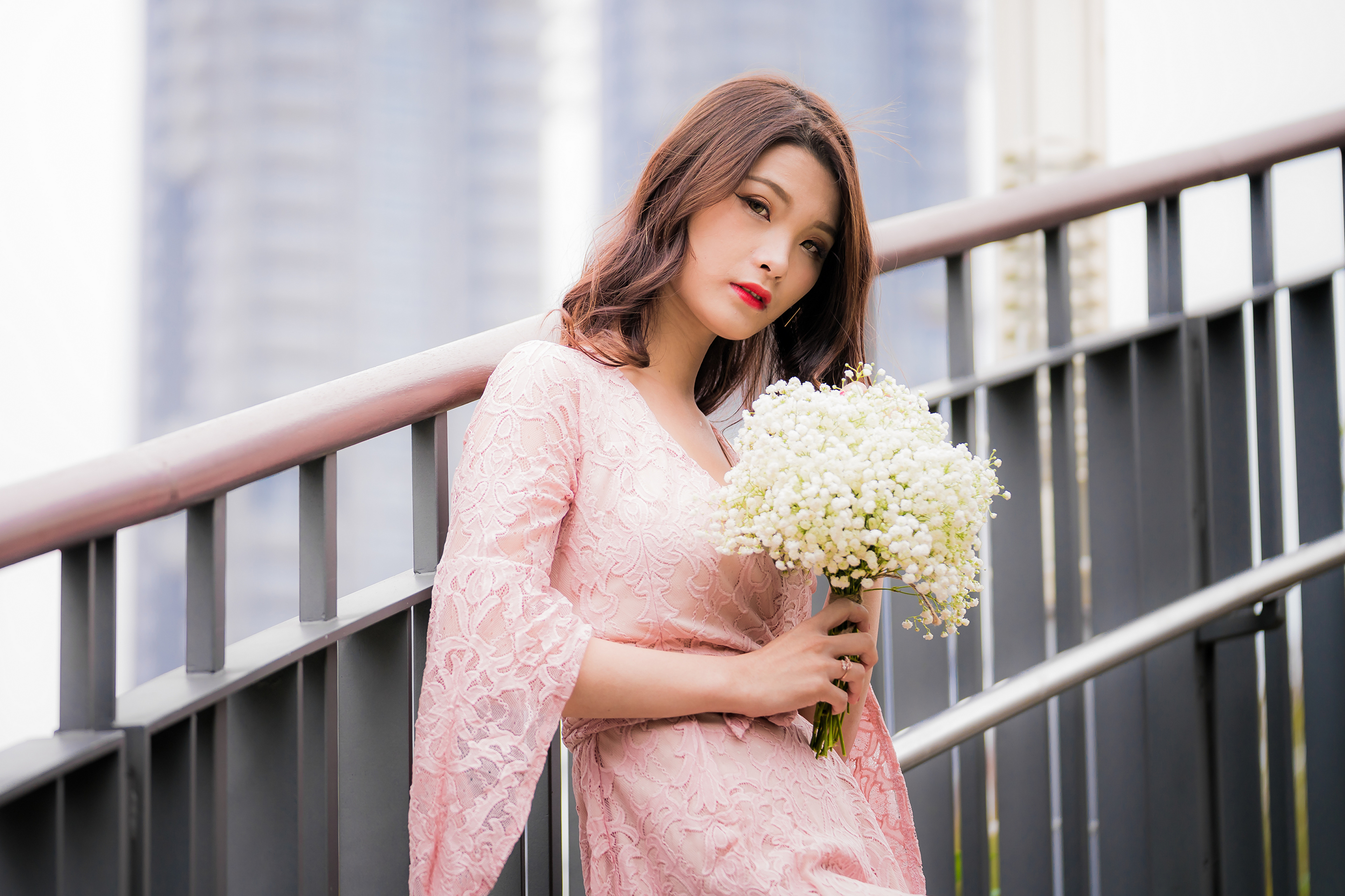 Download mobile wallpaper Flower, Bouquet, Dress, Brunette, Model, Women, Asian, Lipstick for free.