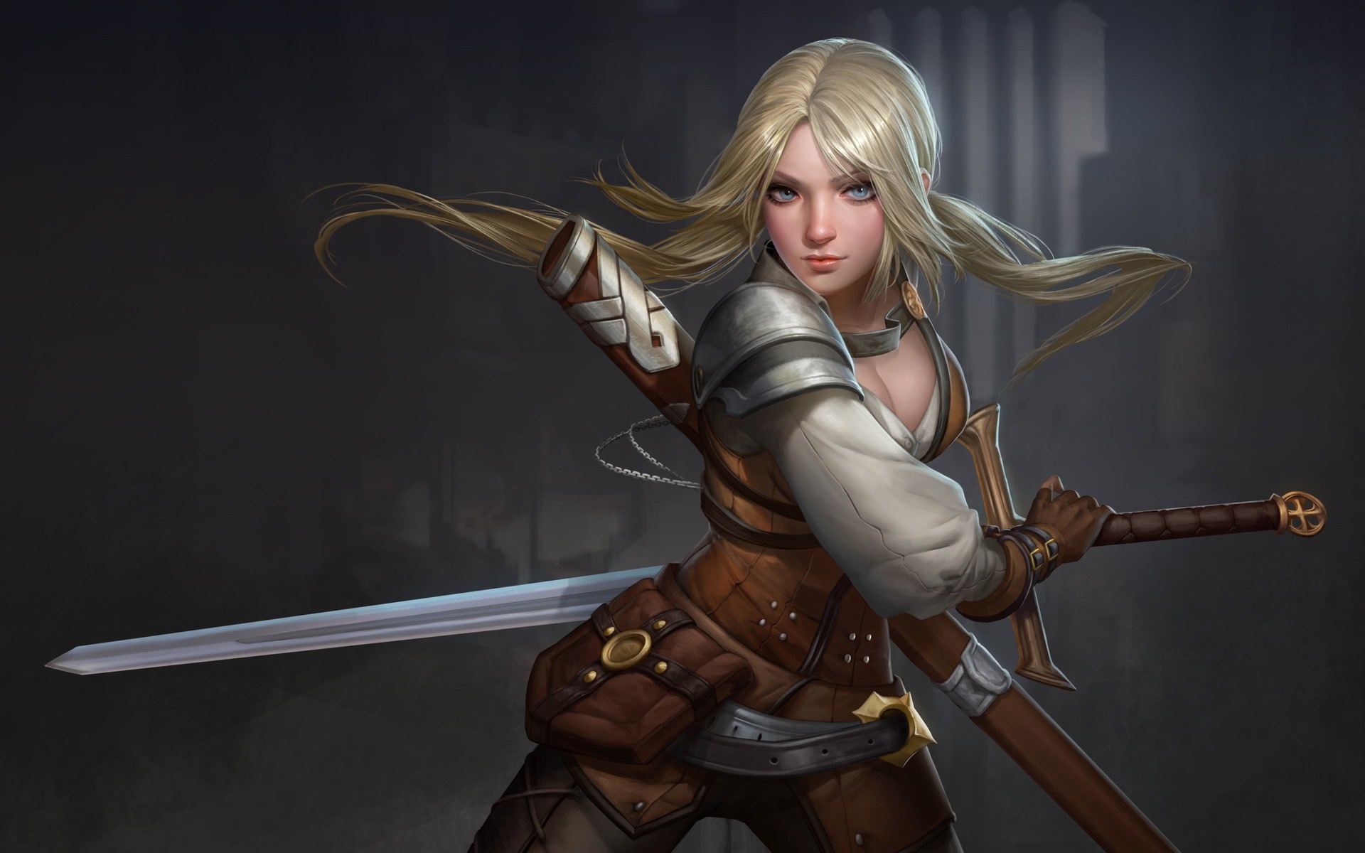 Free download wallpaper Fantasy, Blonde, Sword, Blue Eyes, Long Hair, Women Warrior, Woman Warrior on your PC desktop