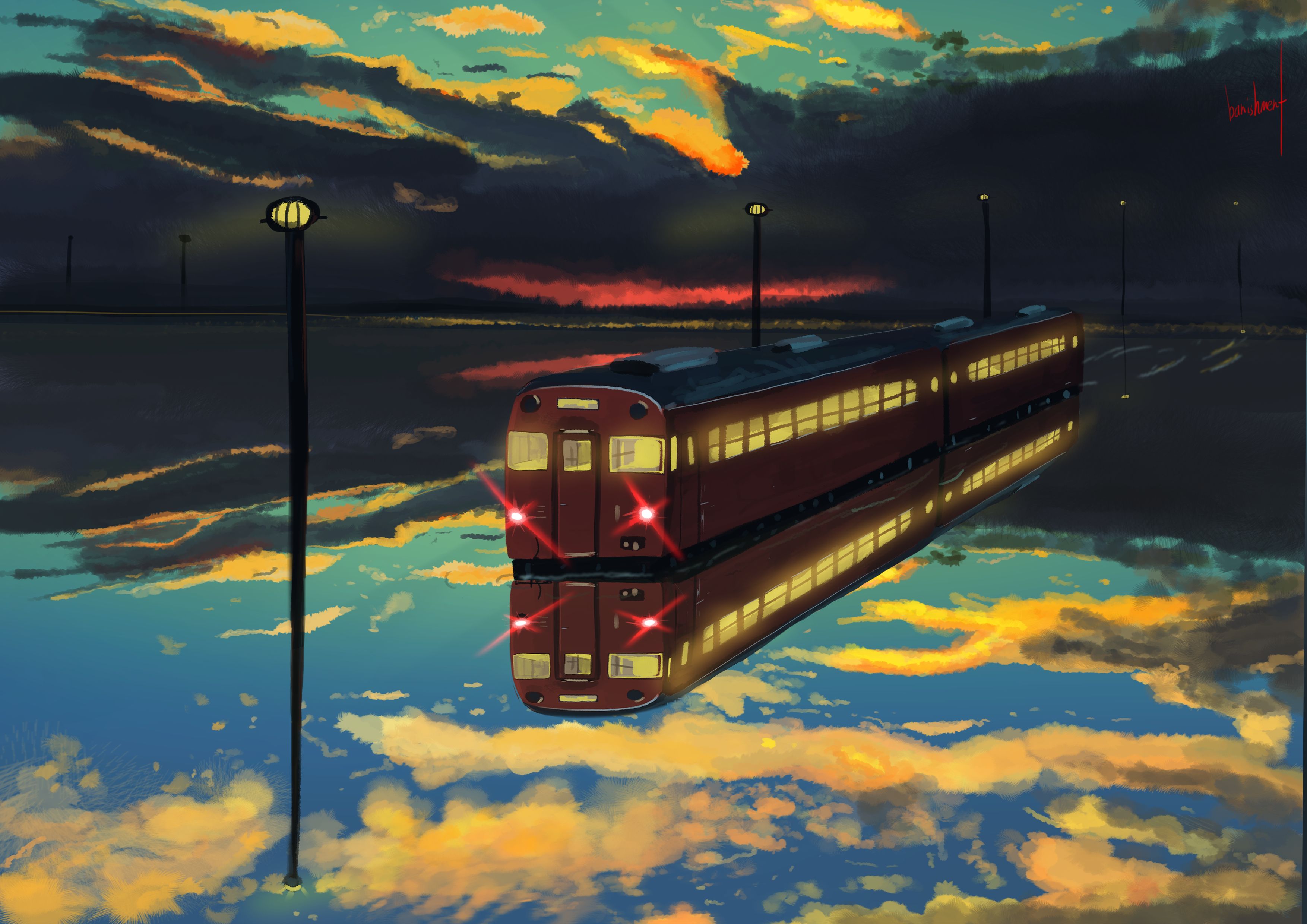 Baixe gratuitamente a imagem Anime, Água, Nuvem, Trem, Original, Reflecção na área de trabalho do seu PC