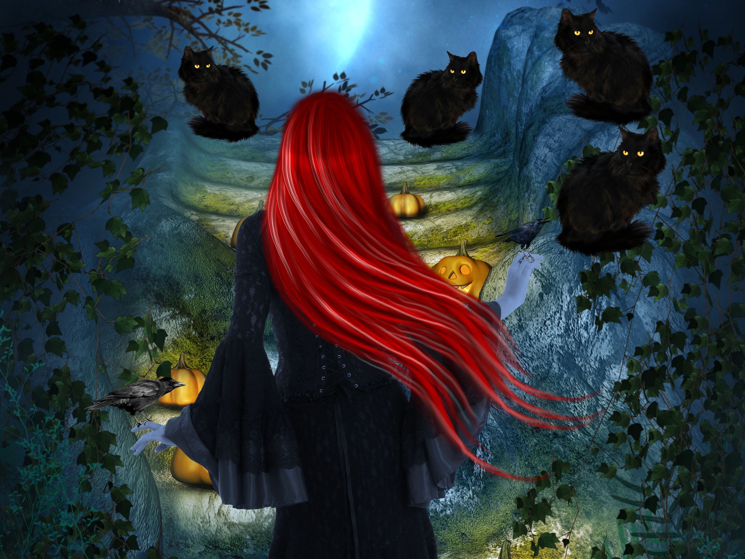 Download mobile wallpaper Fantasy, Raven, Witch, Red Hair for free.