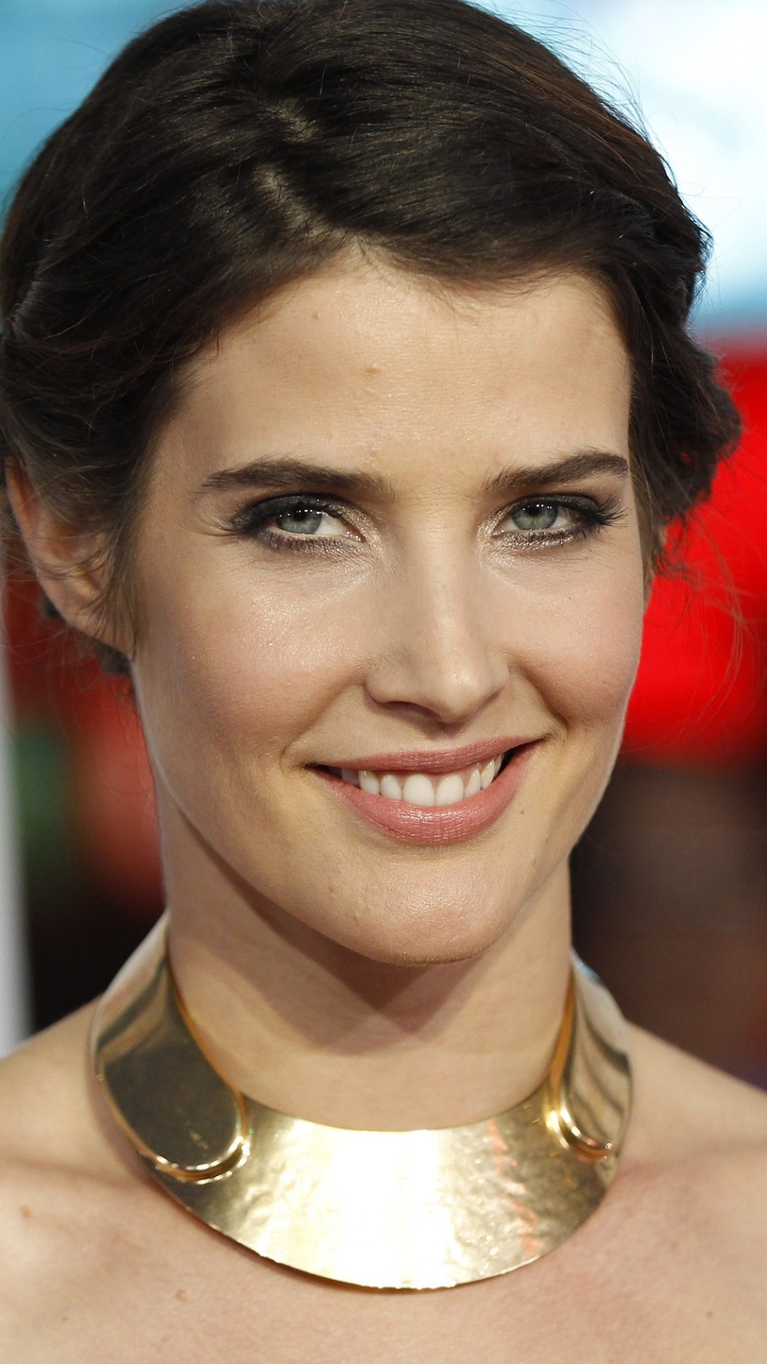 Download mobile wallpaper Smile, Face, Blue Eyes, Necklace, Celebrity, Canadian, Black Hair, Actress, Cobie Smulders for free.