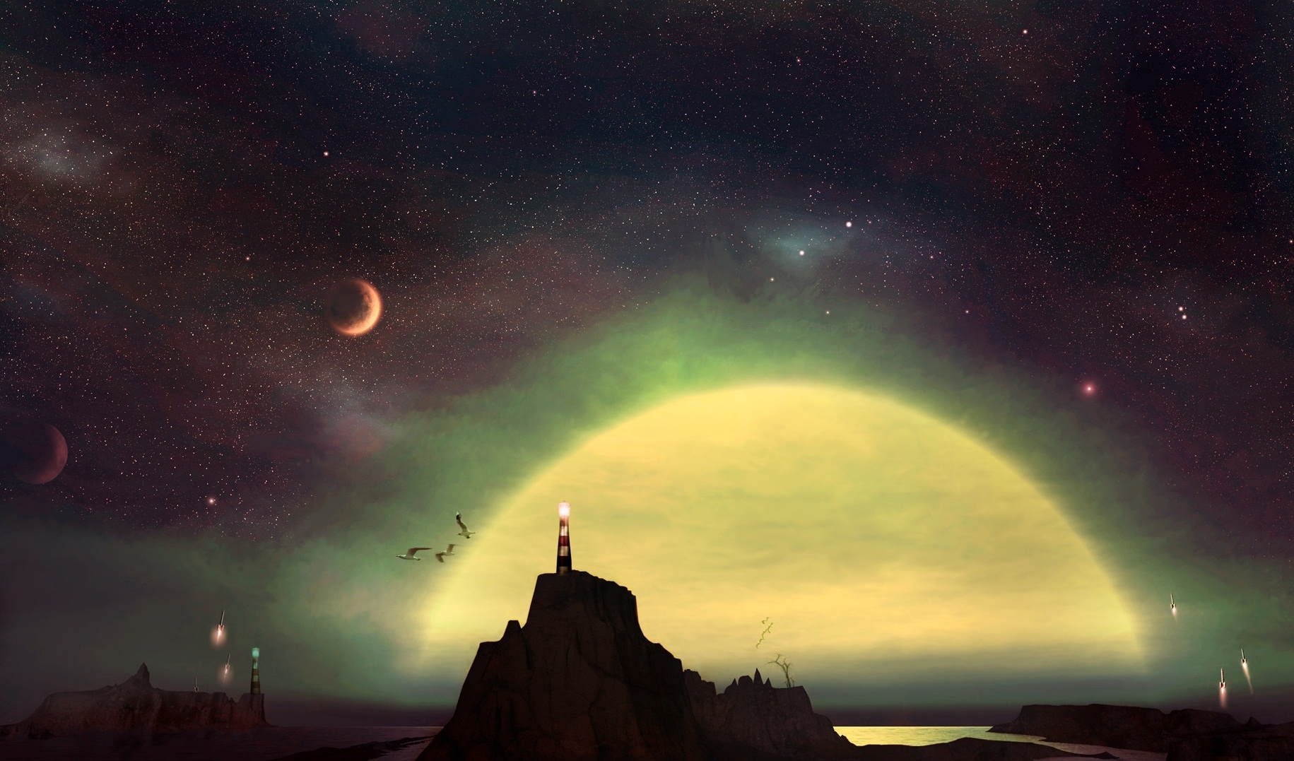 Free download wallpaper Sky, Mountain, Shine, Light, Lighthouse, Abstract, Picture, Drawing on your PC desktop