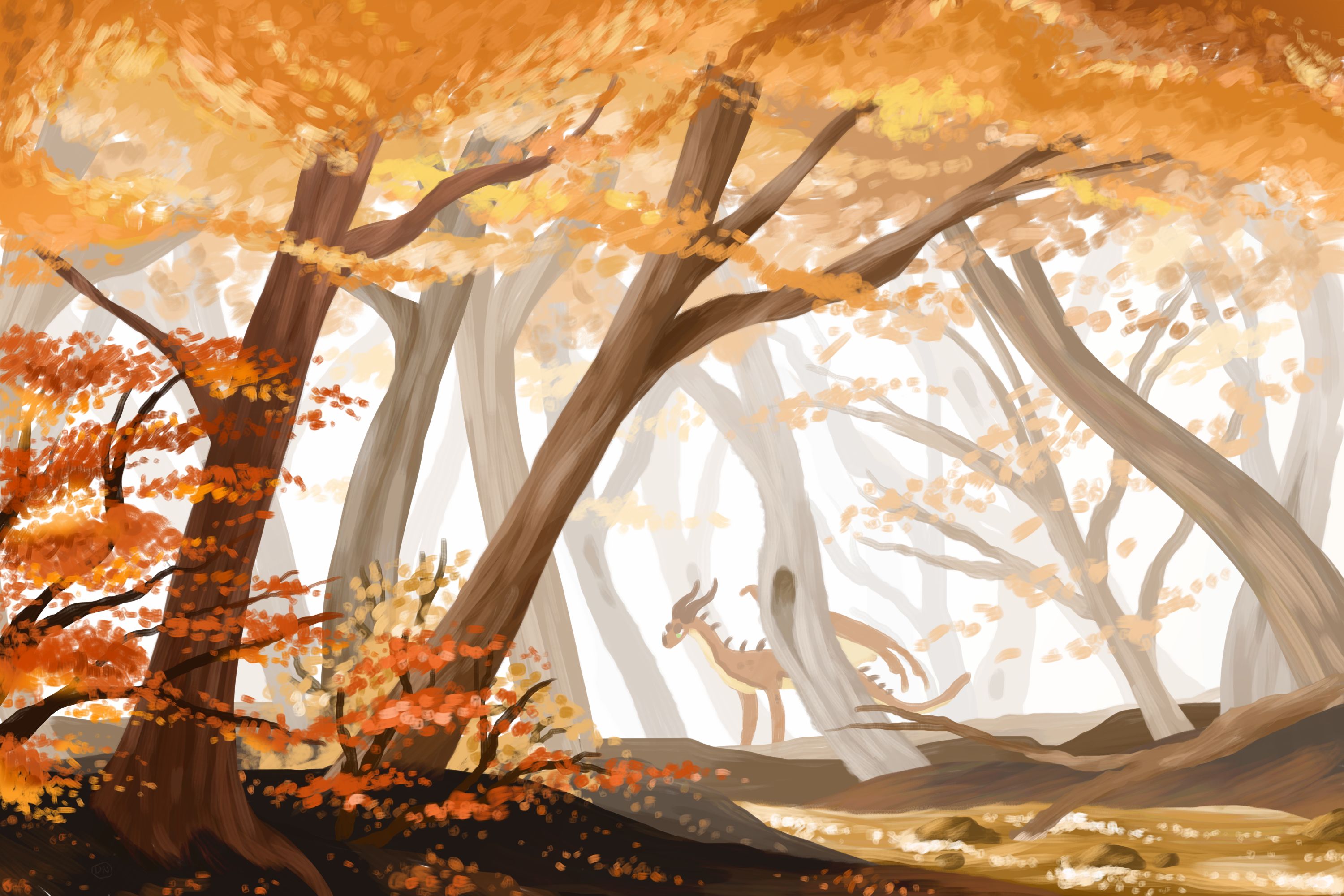 Скачать обои бесплатно Природа, Фэнтези, Осень, Лес, Дерево, Дракон картинка на рабочий стол ПК