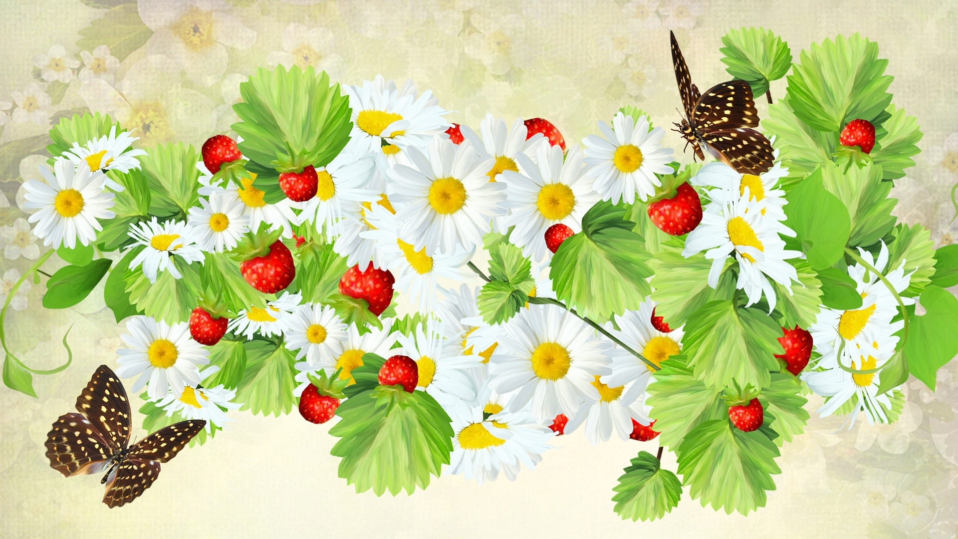 Free download wallpaper Flowers, Strawberry, Flower, Butterfly, Artistic, Daisy, White Flower on your PC desktop