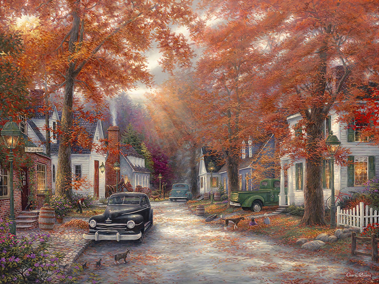 Laden Sie das Herbst, Baum, Haus, Retro, Malerei, Uralt, Künstlerisch, Innerortsstraße-Bild kostenlos auf Ihren PC-Desktop herunter