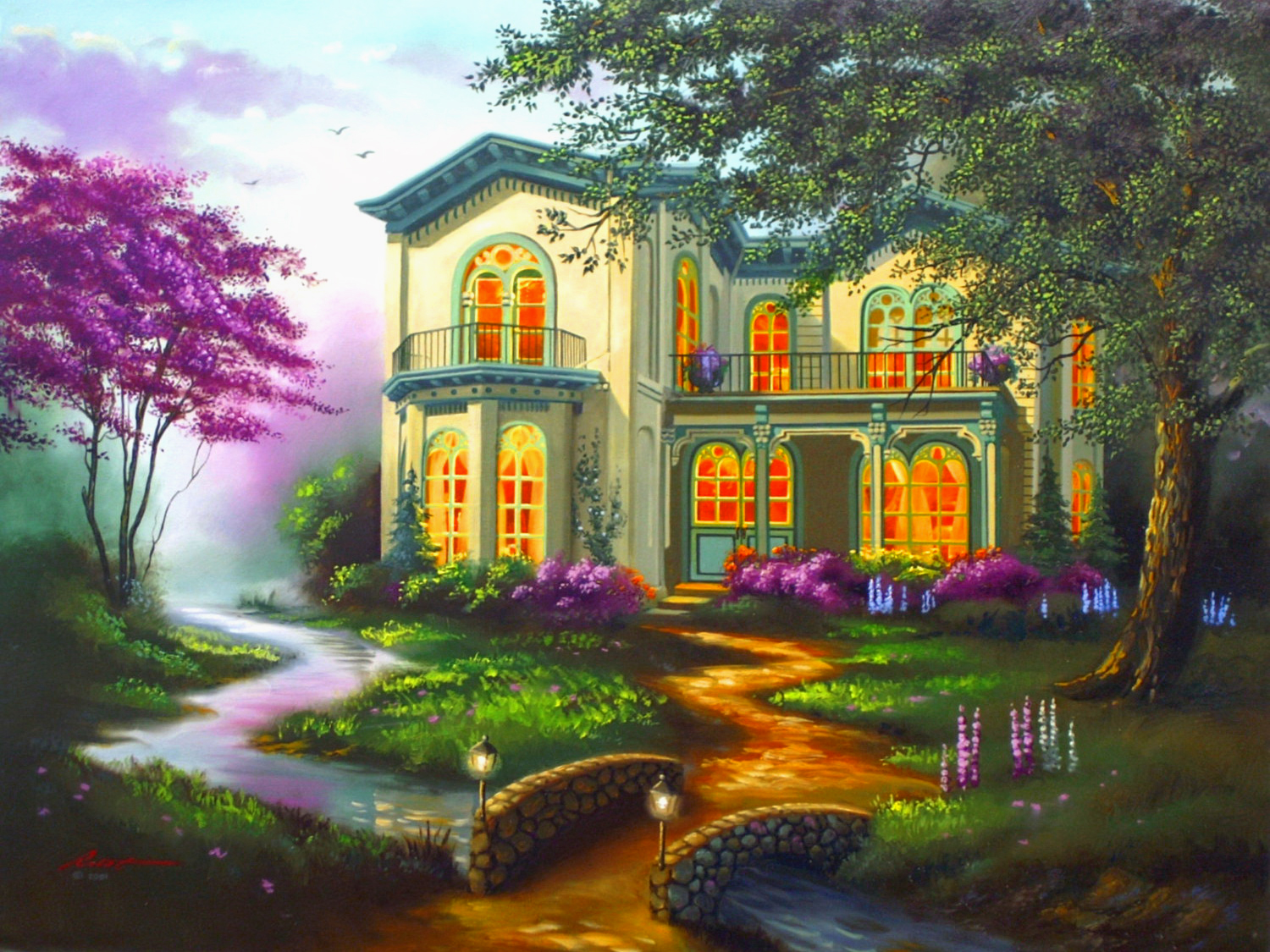 Free download wallpaper Tree, House, Painting, Spring, Artistic, Mansion, Blossom on your PC desktop