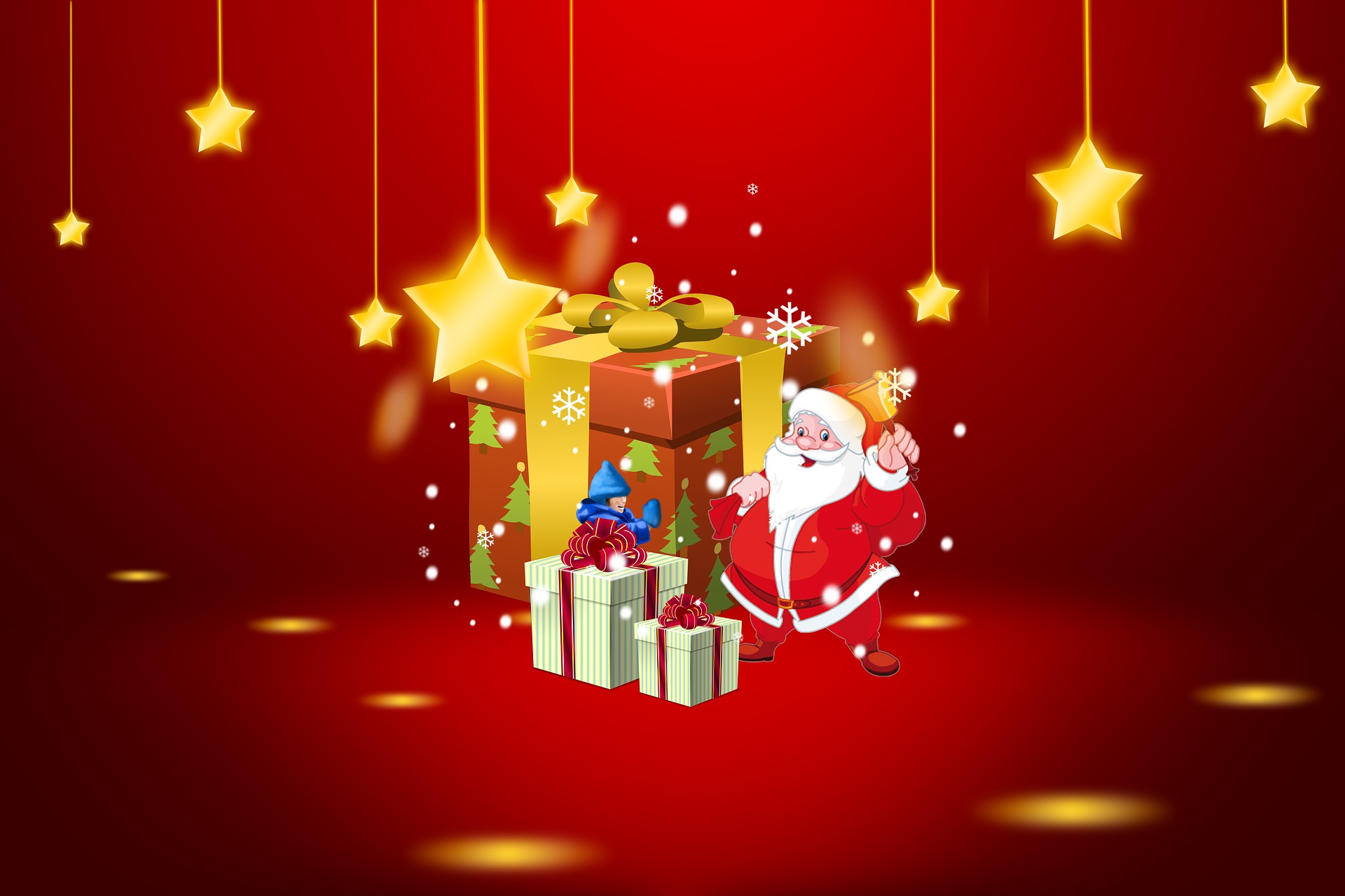 Скачать обои бесплатно Красный, Рождество, Подарки, Звёзды, Праздничные, Санта картинка на рабочий стол ПК