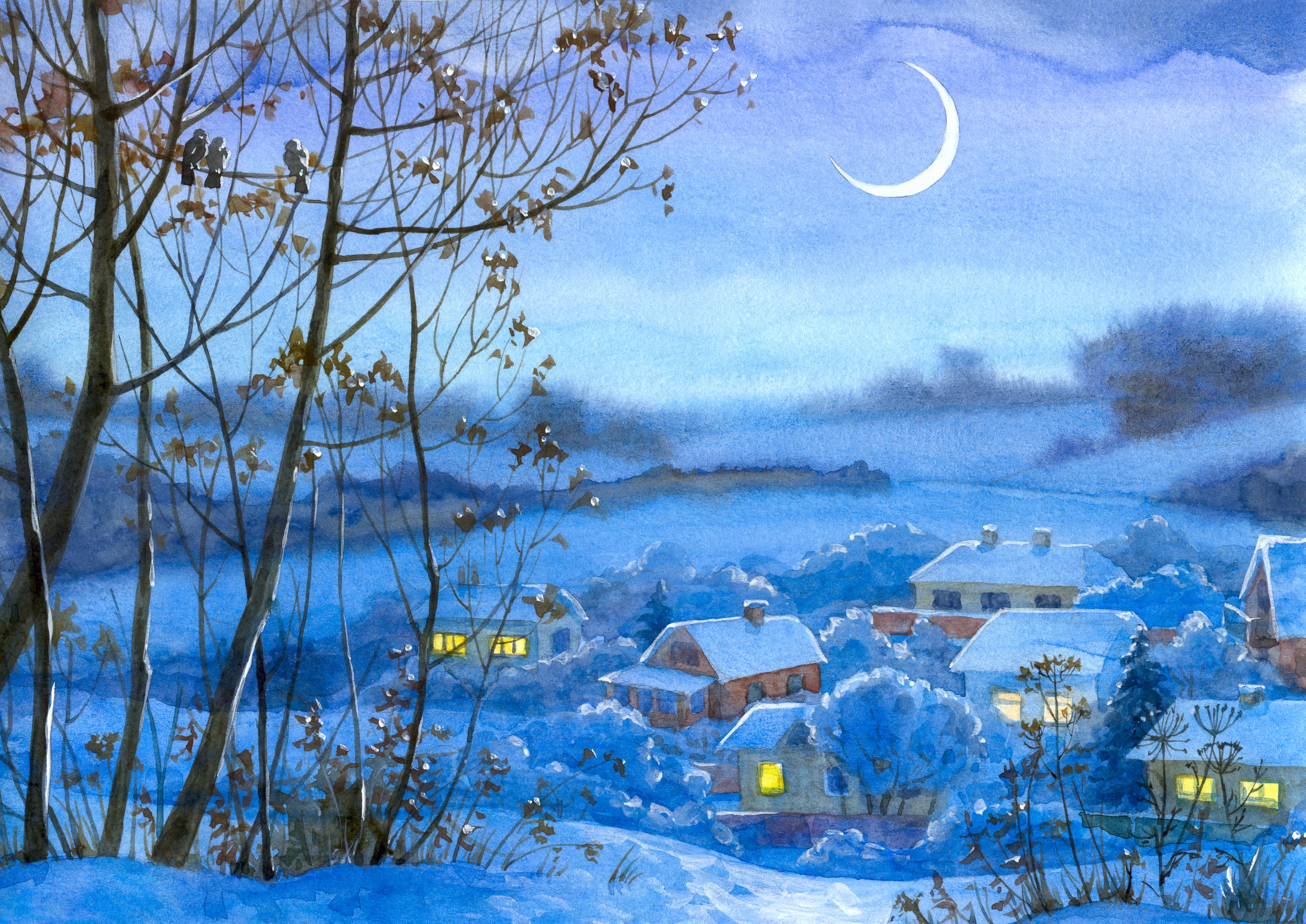 100915 завантажити картинку село, будинки, зима, арт, ніч, місяць, сніг, малюнок, картина - шпалери і заставки безкоштовно