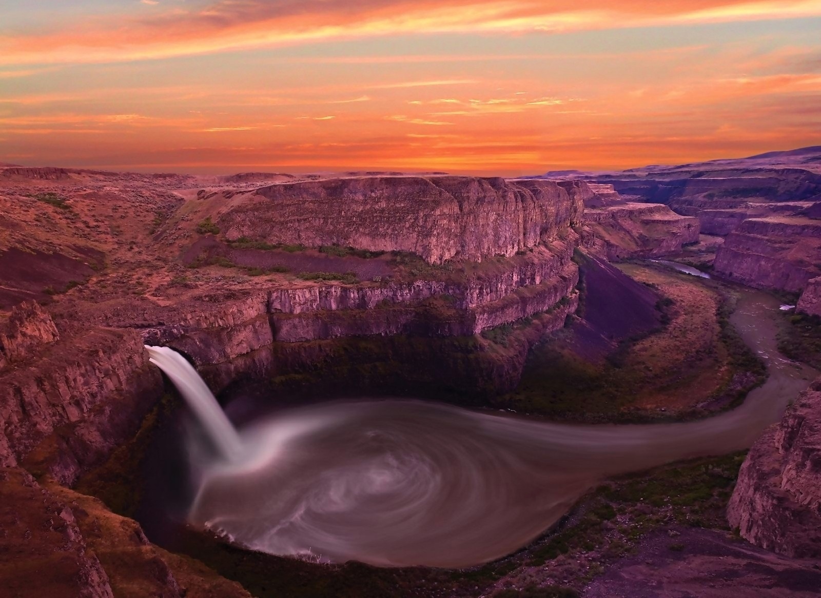 nature, earth, palouse falls, canyon, orange (color), sky, sunset, water, waterfall