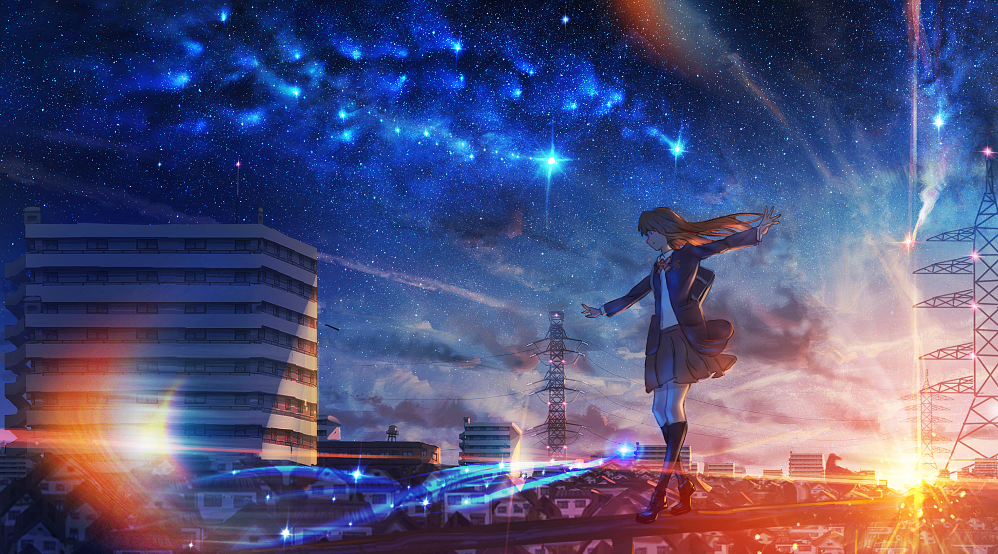 Download mobile wallpaper Anime, Sunset, City, Starry Sky, Original for free.