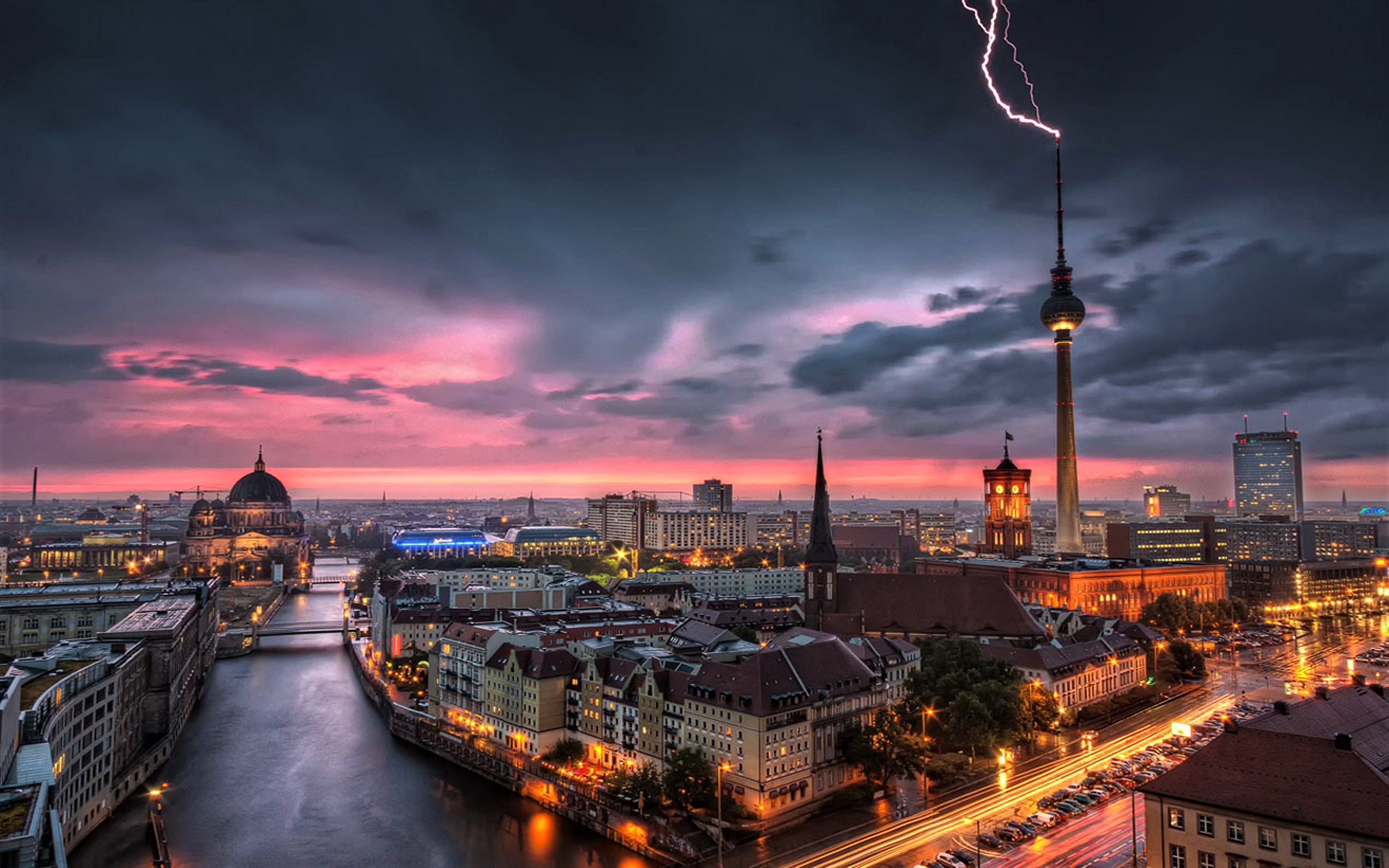 Free download wallpaper Berlin, Lightning, Bridge, Cityscape, River, Germany, Man Made on your PC desktop