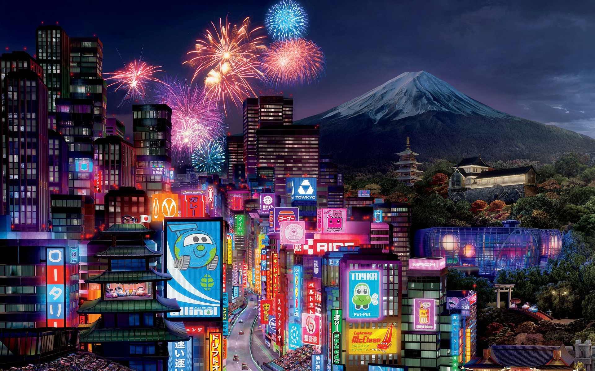 Téléchargez gratuitement l'image Nuit, Ville, Lumière, Coloré, Film, Feu D'artifice, Tokyo, Mont Fuji, Cars 2, Cars : Quatre Roues sur le bureau de votre PC
