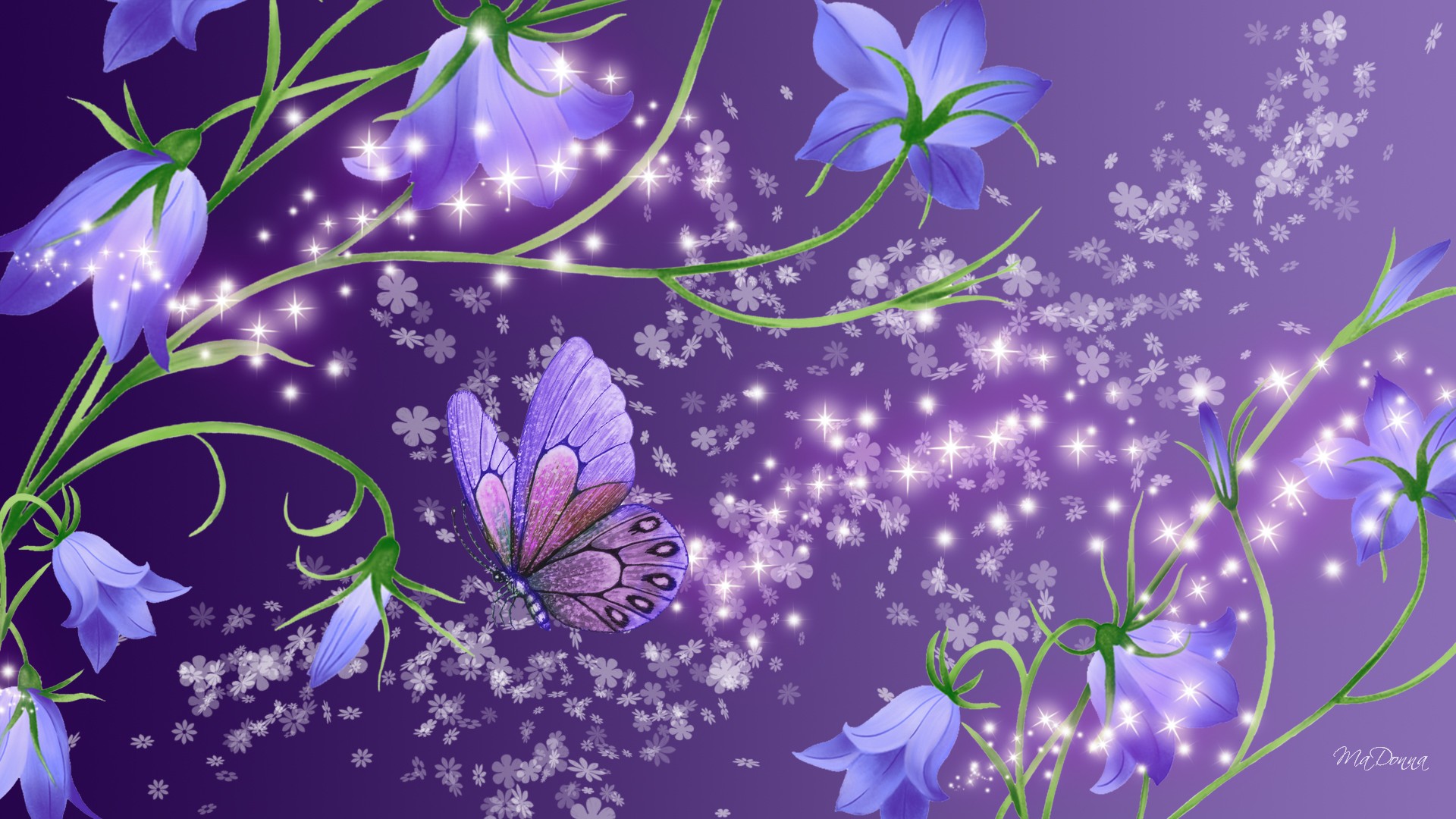 397749画像をダウンロード芸術的, 花, ブルーベル, 蝶, 紫の, 輝き, フラワーズ-壁紙とスクリーンセーバーを無料で