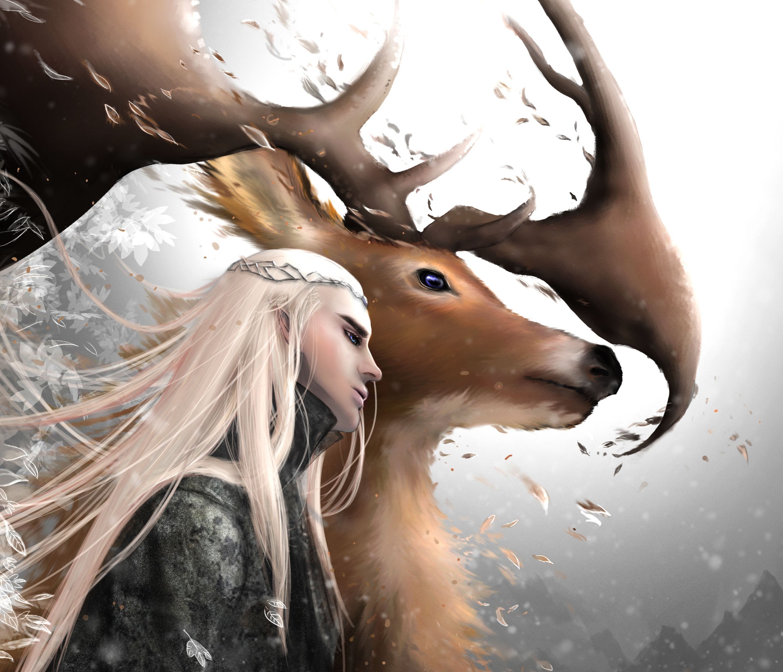 lord of the rings, fantasy, antler, deer, elf, stag, thranduil, white hair, the lord of the rings