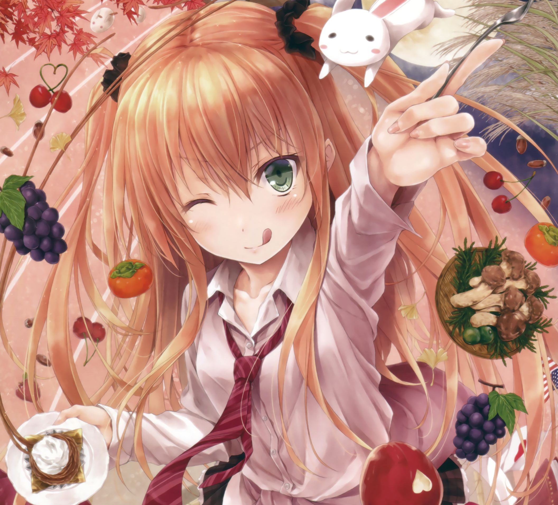Laden Sie das Mädchen, Pilz, Frucht, Apfel, Hase, Herz, Grüne Augen, Binden, Zwinkern, Animes, Lange Haare, Rote Haare-Bild kostenlos auf Ihren PC-Desktop herunter