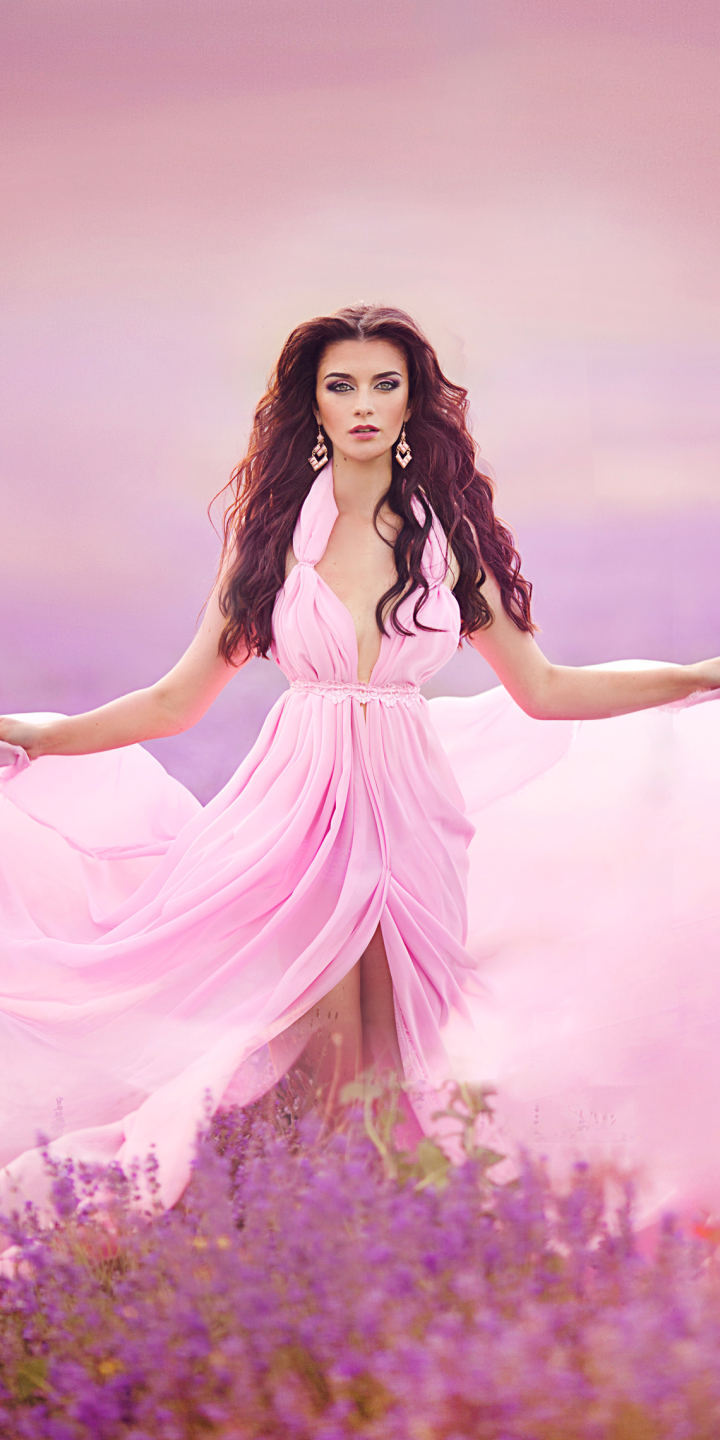 Download mobile wallpaper Brunette, Lavender, Model, Women, Earrings, Pink Dress for free.