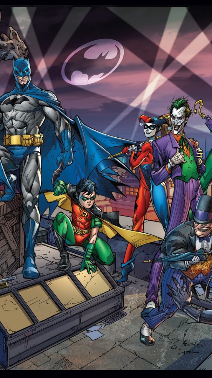 Téléchargez des papiers peints mobile Joker, Bande Dessinées, The Batman, Harley Quinn, Homme Chauve Souris, Robin (Dc Comics), Pingouin (Dc Comics) gratuitement.