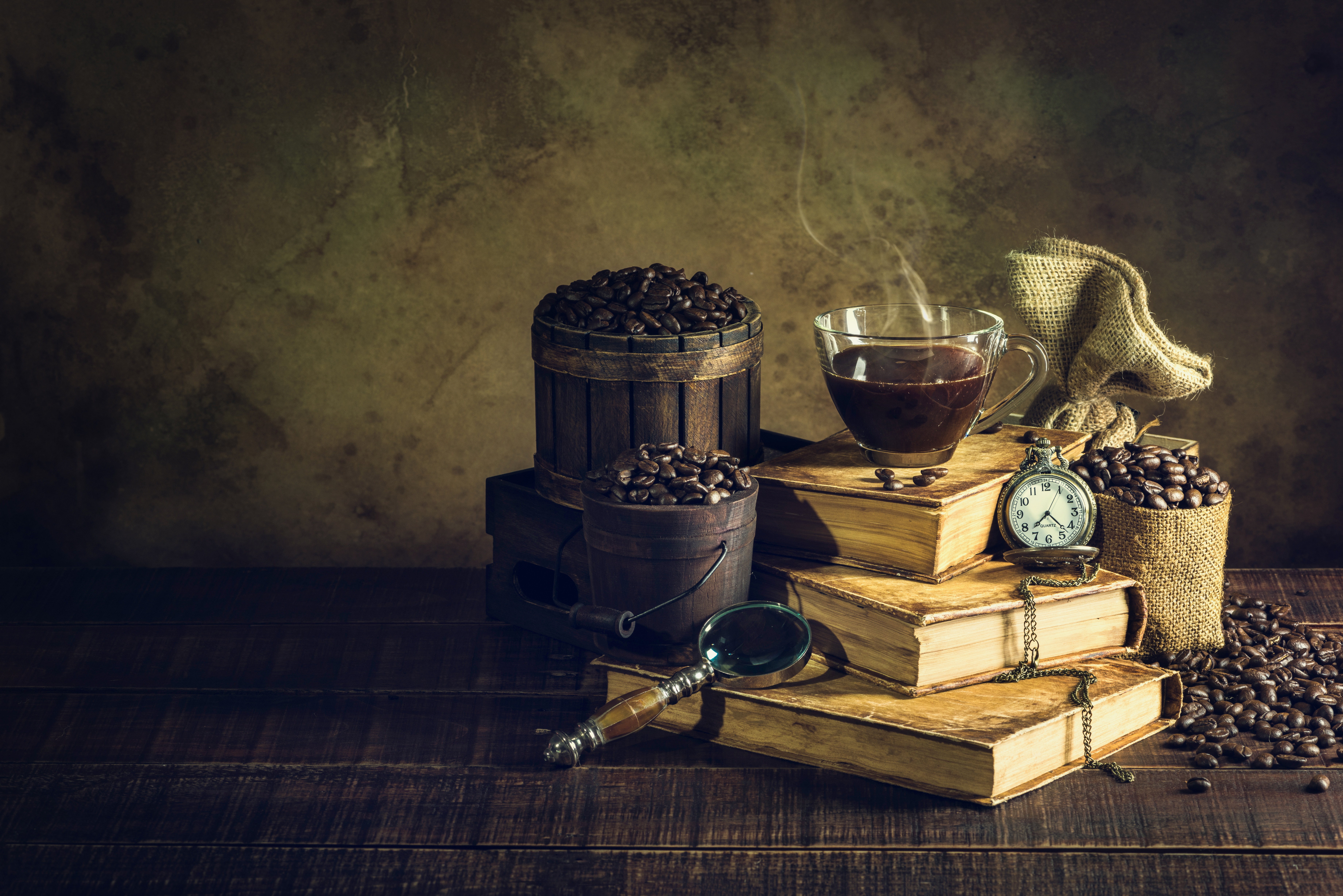 Download mobile wallpaper Food, Coffee, Still Life, Book, Drink, Coffee Beans, Pocket Watch for free.