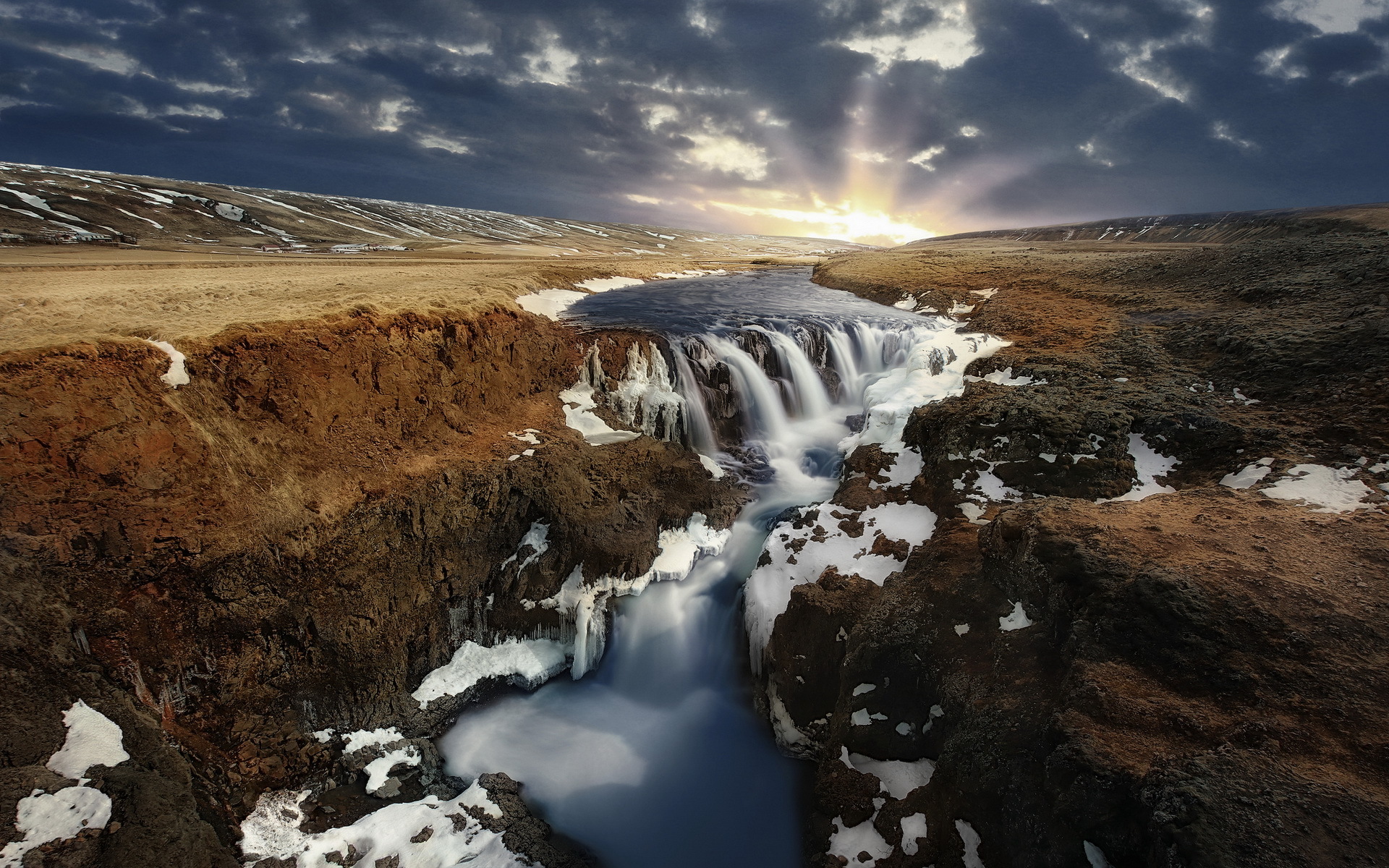 Free download wallpaper Landscape, Nature, Waterfalls, Waterfall, Sunrise, Earth, River on your PC desktop