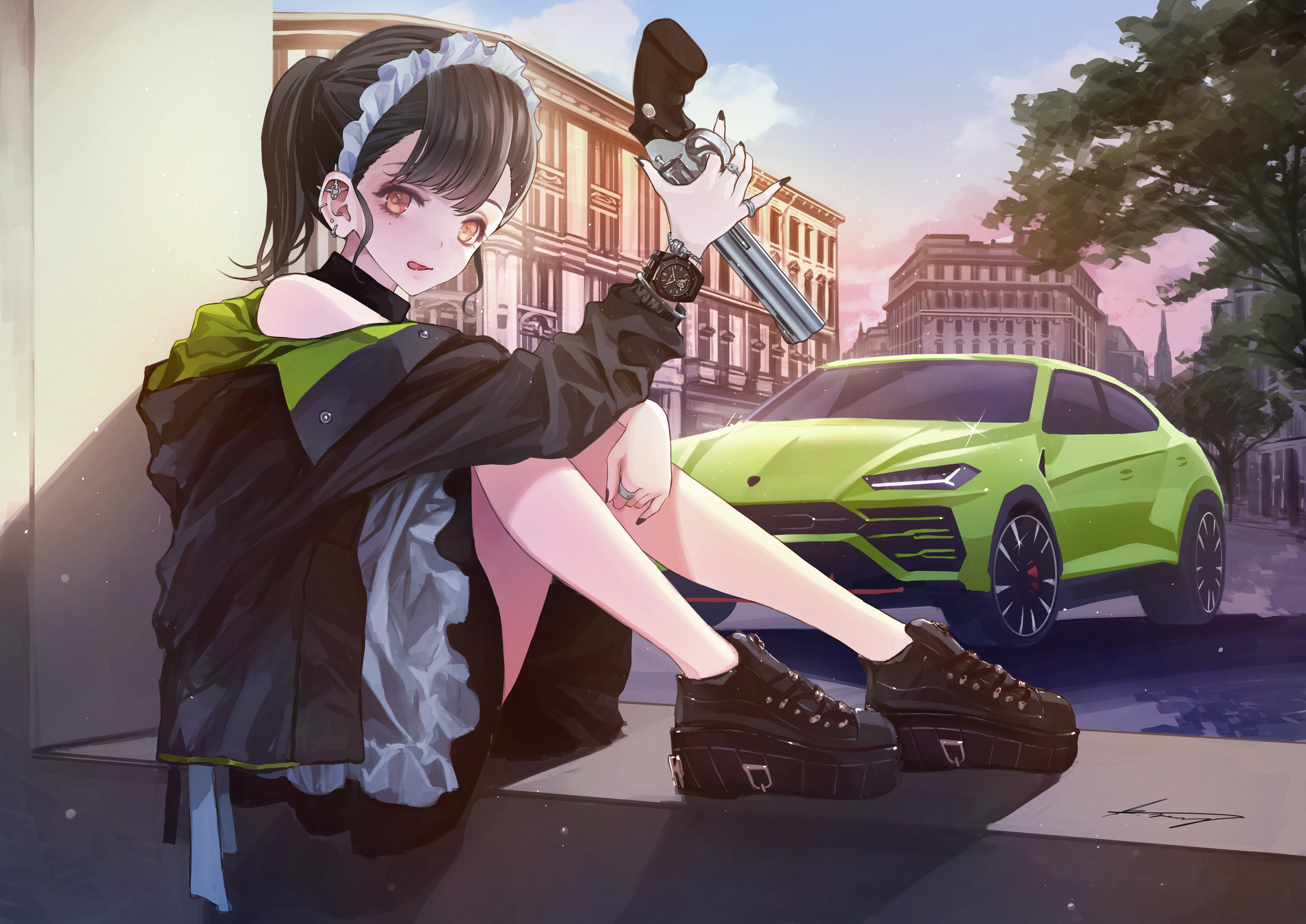 Download mobile wallpaper Anime, Lamborghini, Car, Original, Maid, Gun for free.