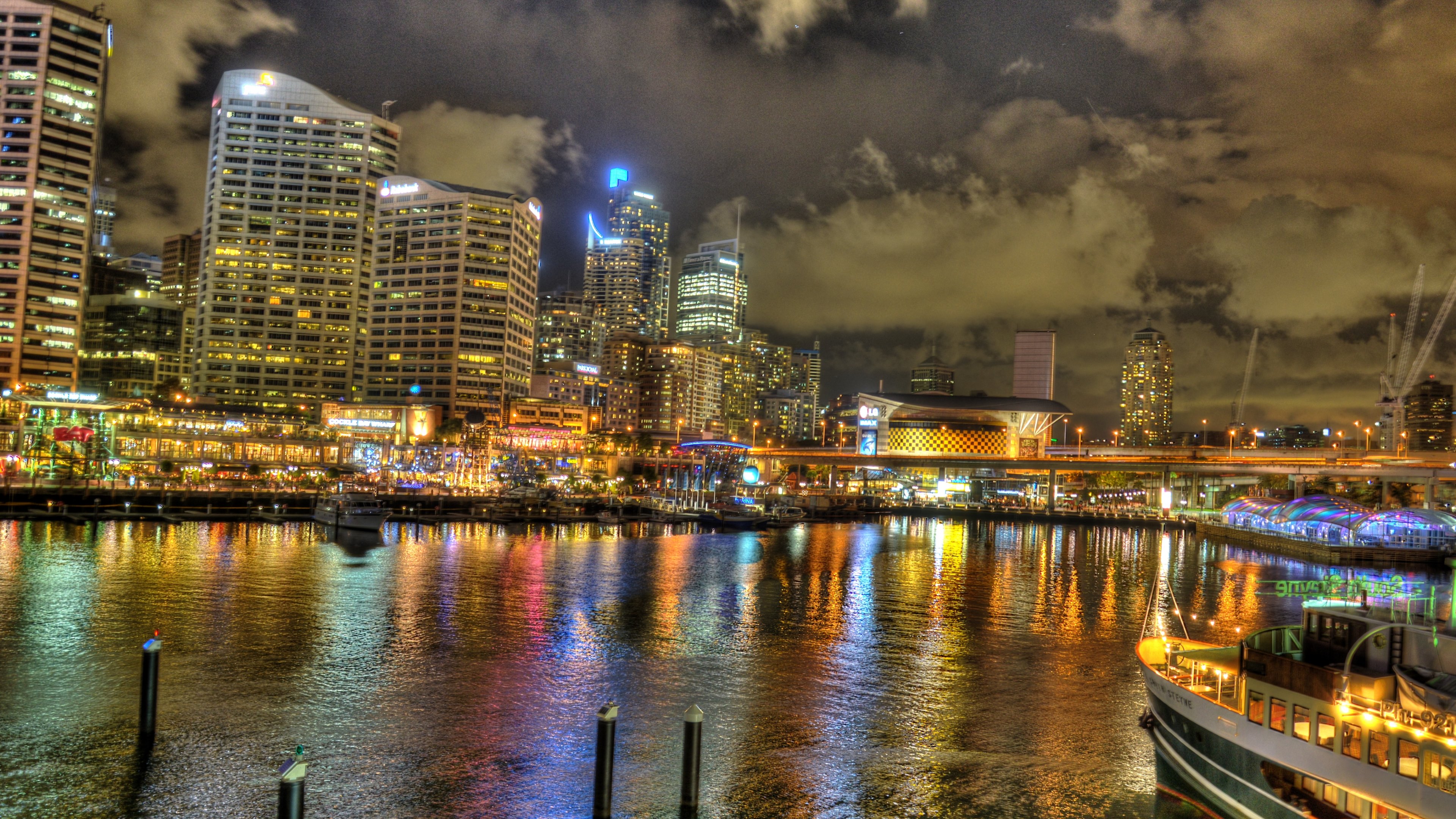 Free download wallpaper City, Reflection, Light, Boat, Man Made, Darling Harbour on your PC desktop