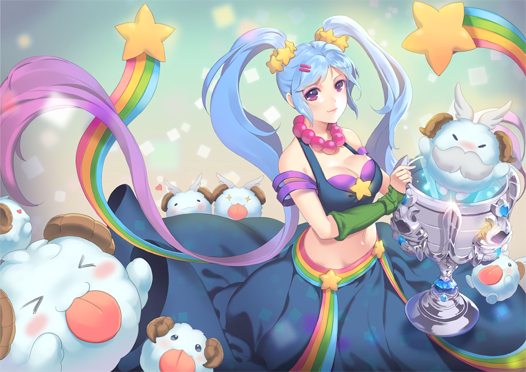 video game, league of legends, cup, long hair, necklace, pink eyes, rainbow, smile, sona (league of legends), twintails 4K, Ultra HD